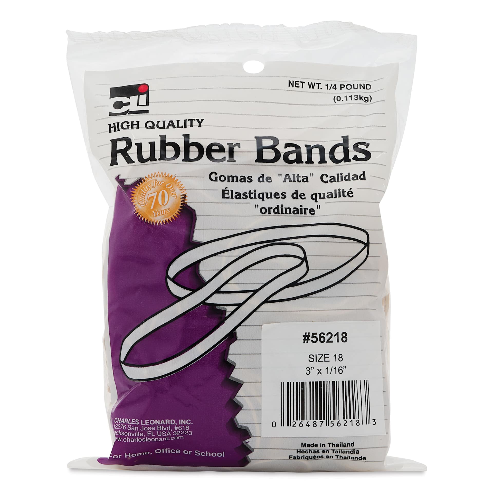 Charles Leonard High Quality Rubber Bands - Size 18, 1/4 lb Bag front of packaging