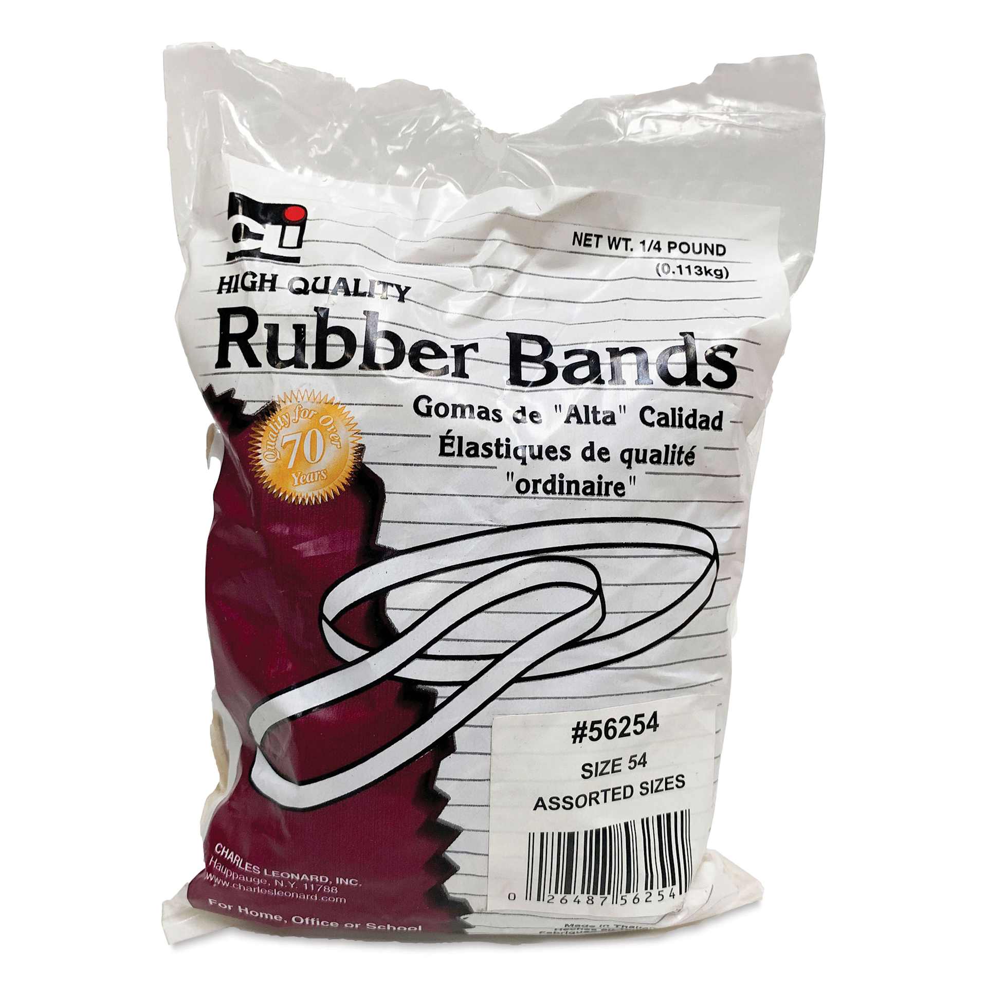 Charles Leonard High Quality Rubber Bands - Size 54, Assorted Widths, 1/4 lb Bag front of packaging