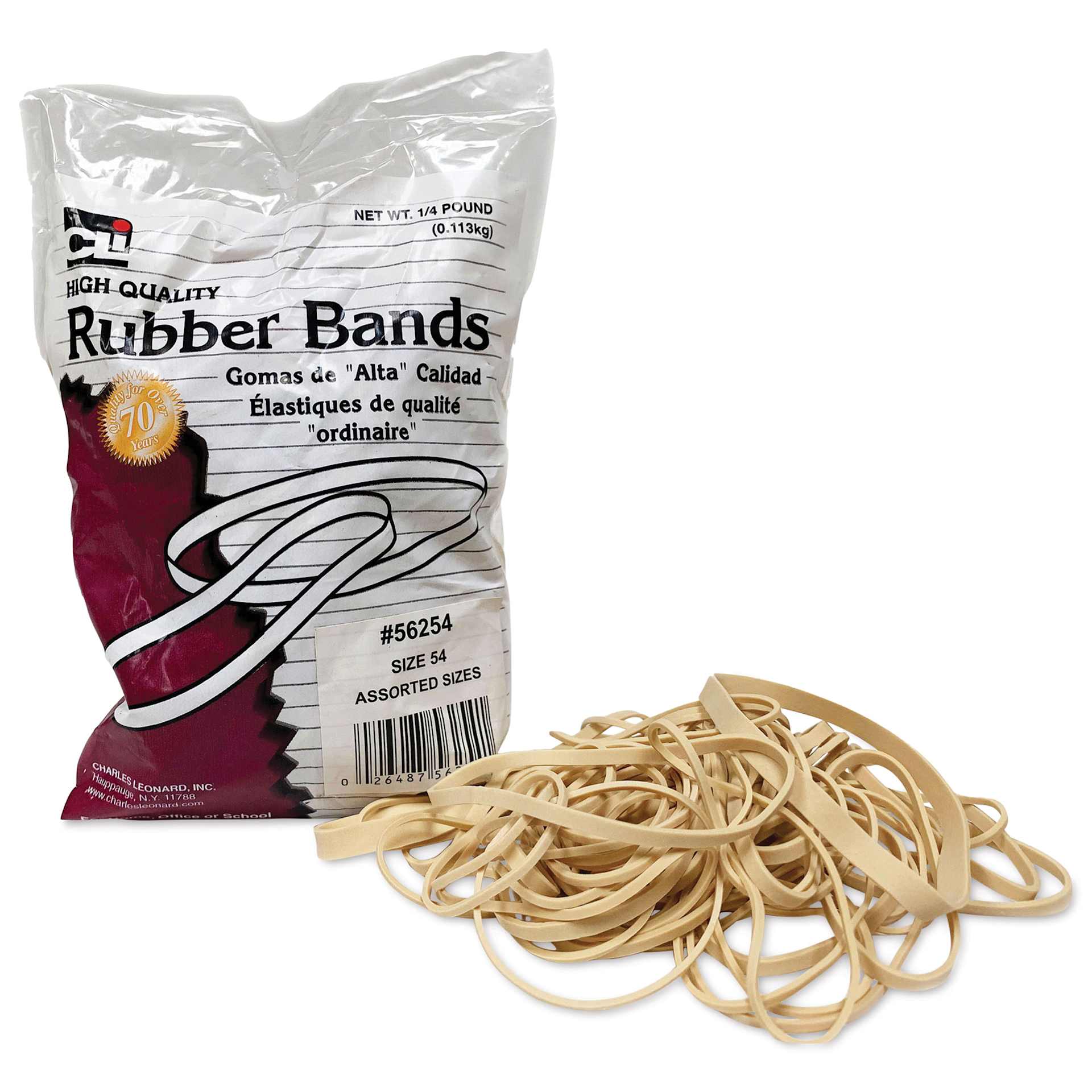 Charles Leonard High Quality Rubber Bands - Size 54, Assorted Widths, 1/4 lb Bag with contents