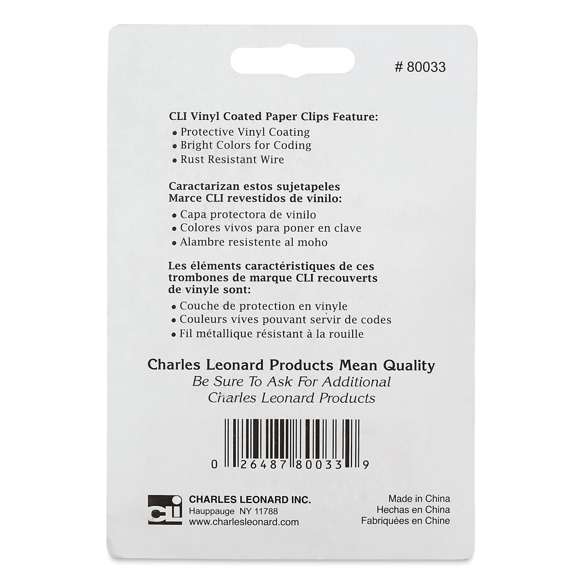 Charles Leonard Paper Clips - Pkg of 100, Standard, Assorted Colors back of packaging
