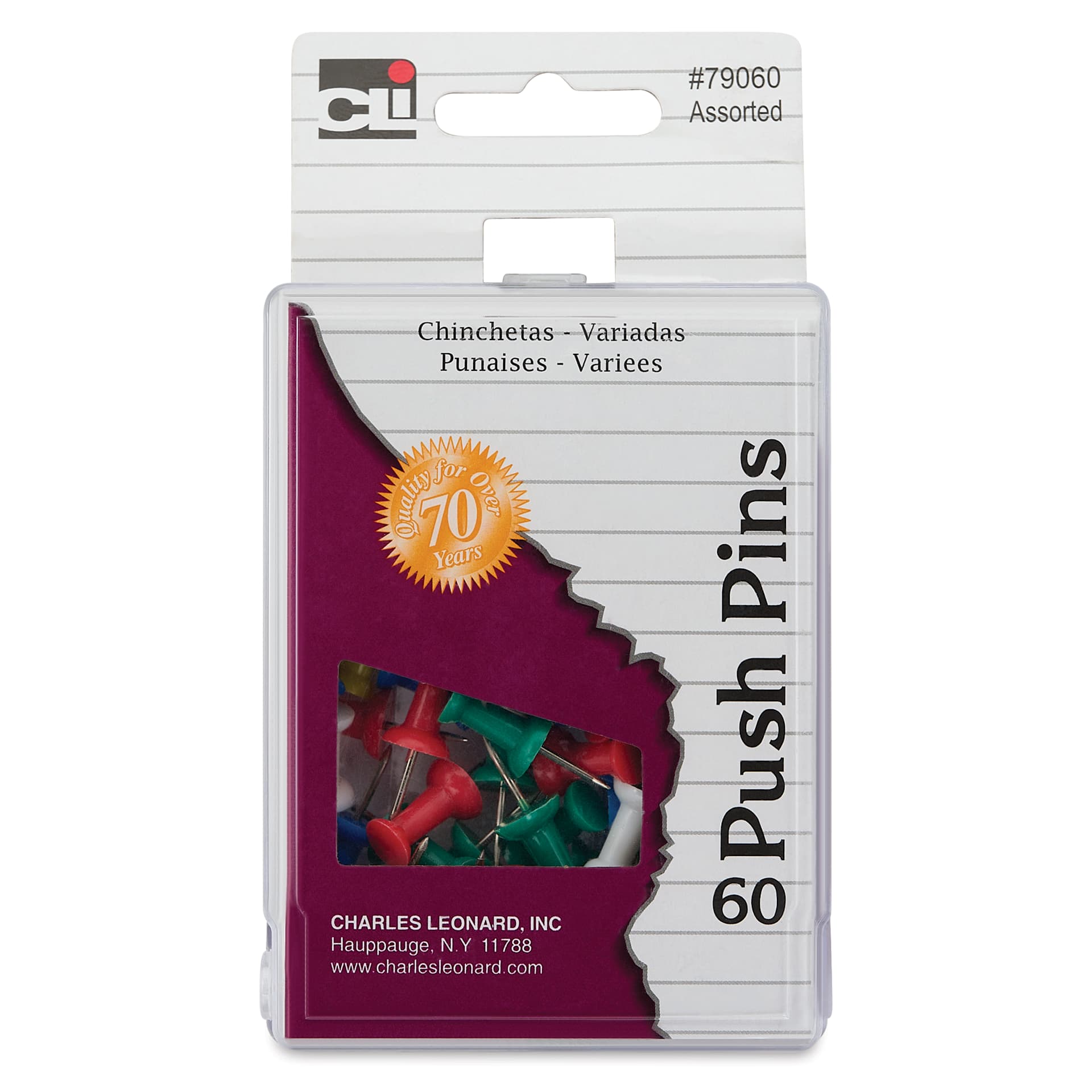 Charles Leonard Push Pins - Assorted, Pkg of 60 front of packaging