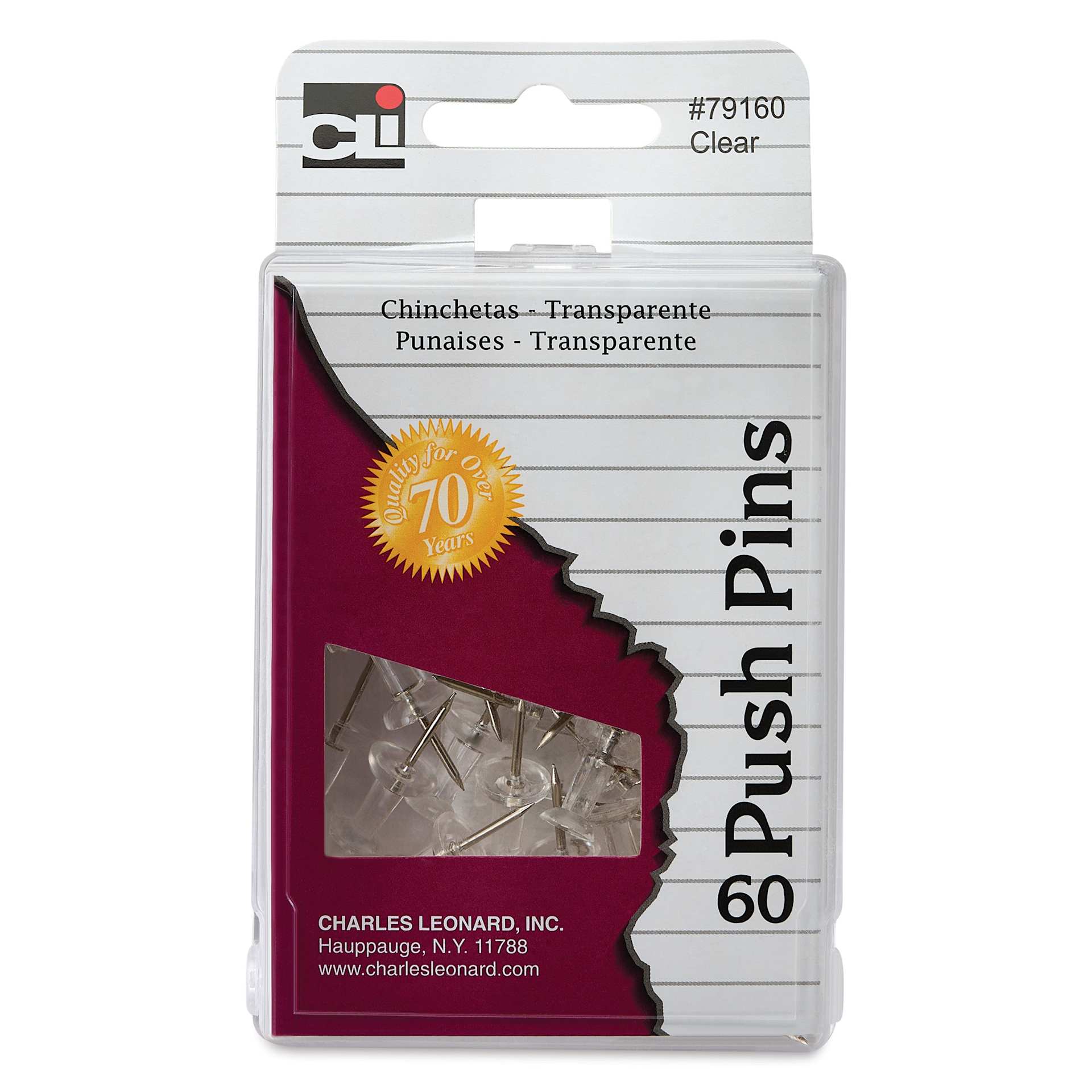 Charles Leonard Push Pins - Clear, Pkg of 60 front of packaging