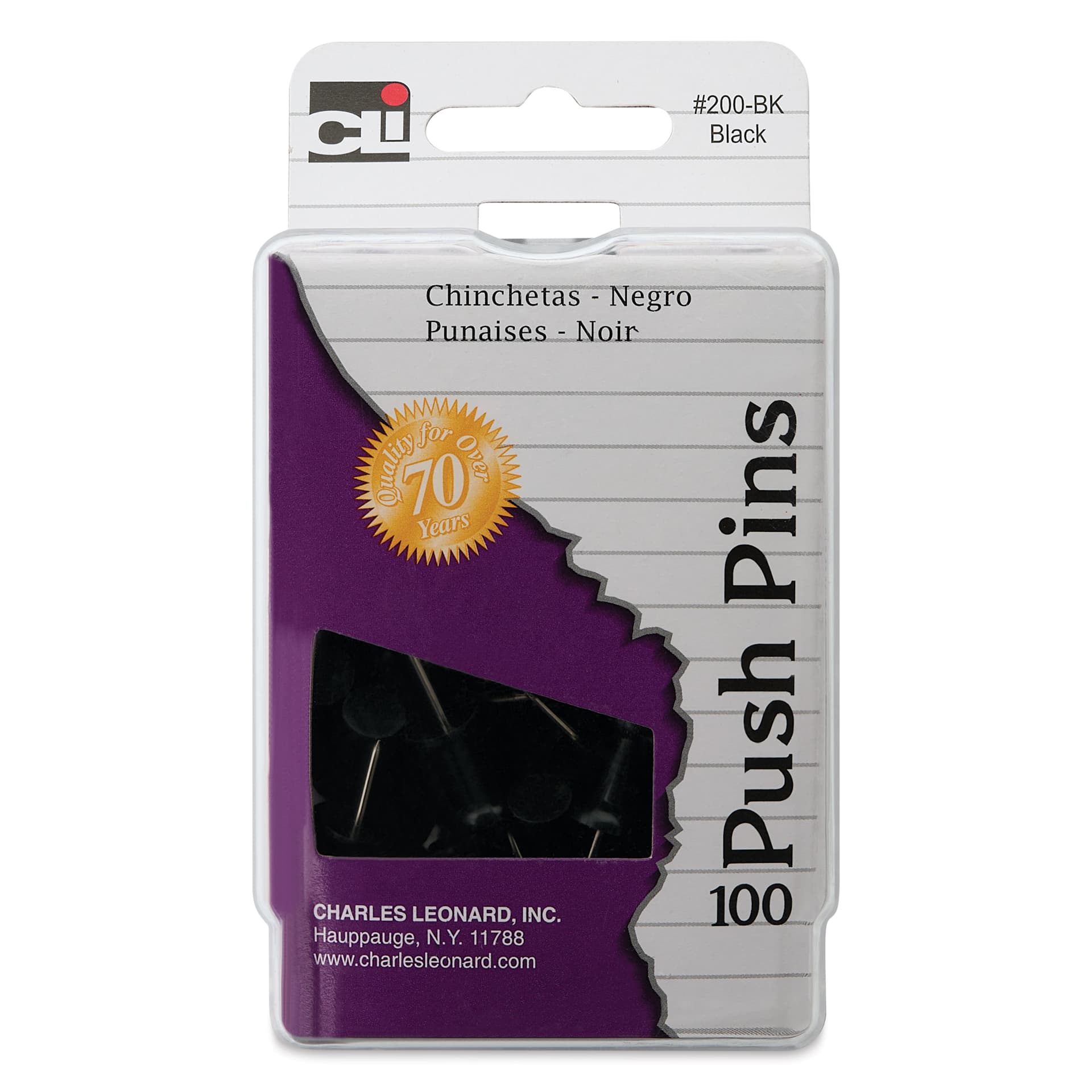 Charles Leonard Push Pins - Black, Pkg of 100 front of packaging
