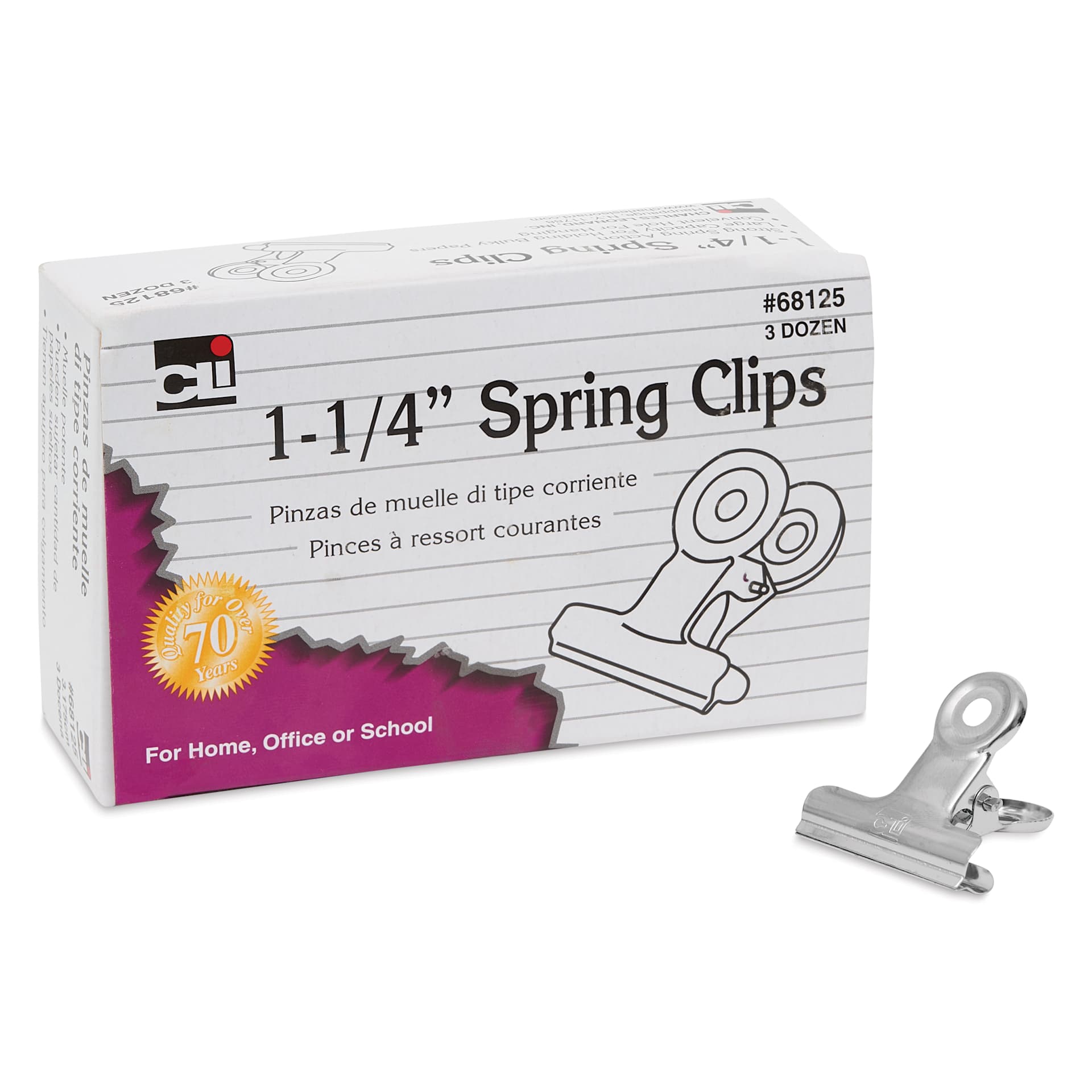 Charles Leonard Spring Clips - Pkg of 36, 1.25" single clip beside packaging