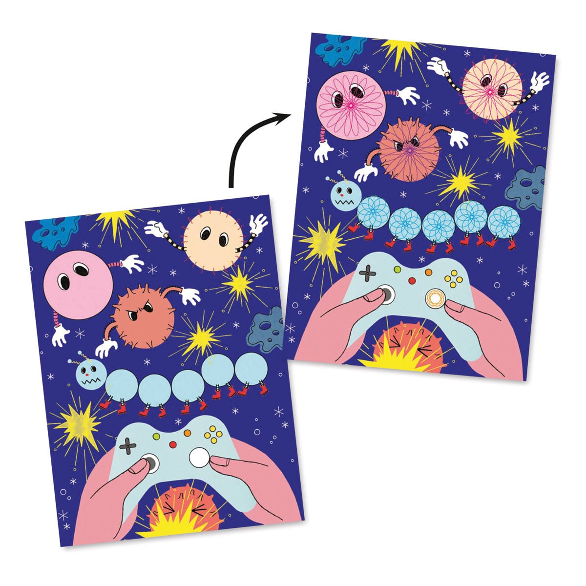 Djeco Le Grand Spirals Kit - 10 Designs (Sample illustrated sheet without spirals with illustrated sheet with spirals)