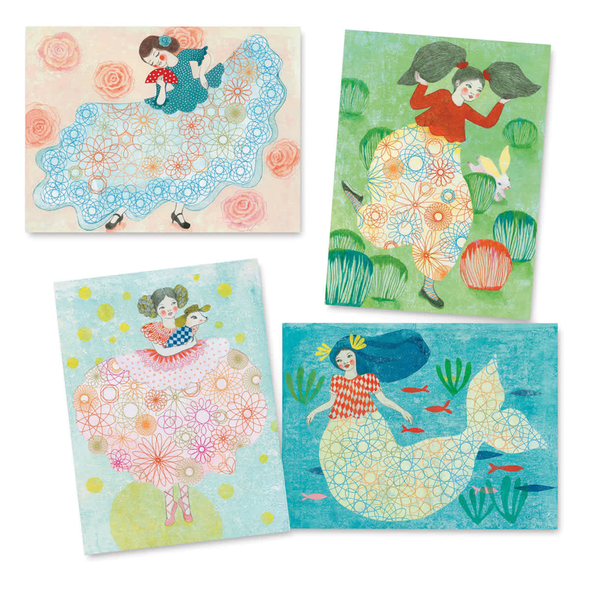 Djeco Le Grand Spirals Kit - Dress Patterns (Sample illustrated sheets with spiral artwork)