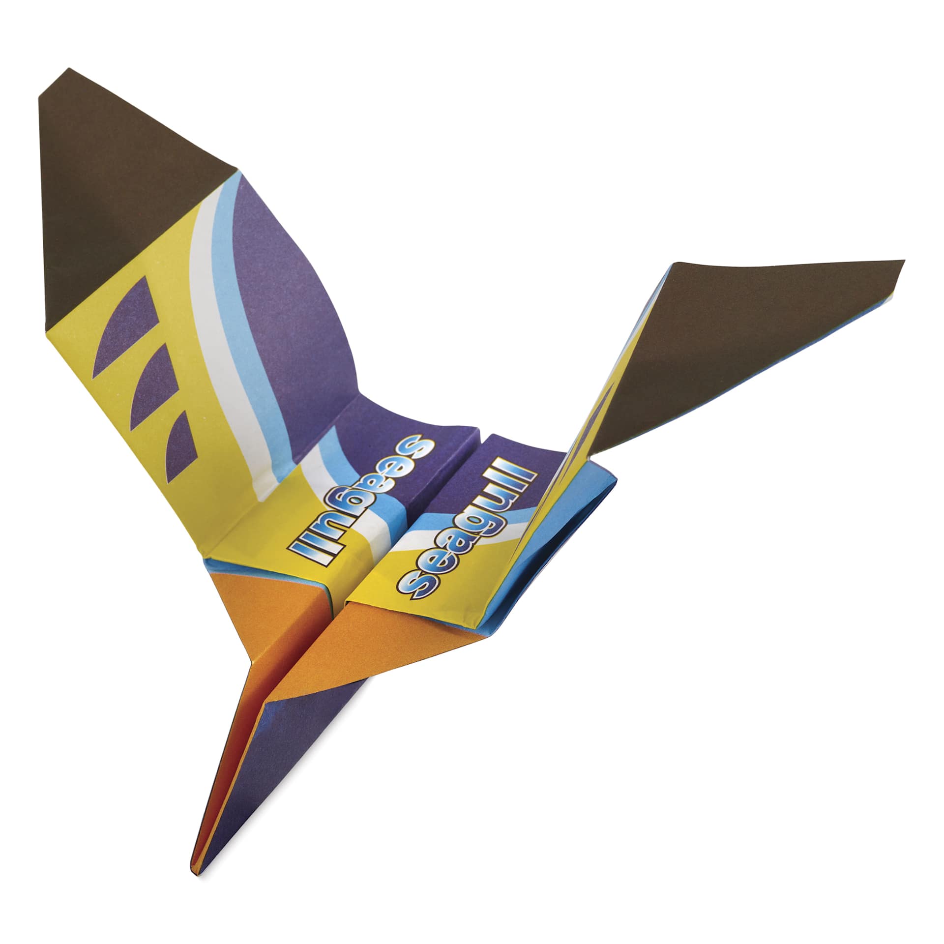 Aitoh Paper Airplane Origami Kit, finished orange, yellow, and blue plane