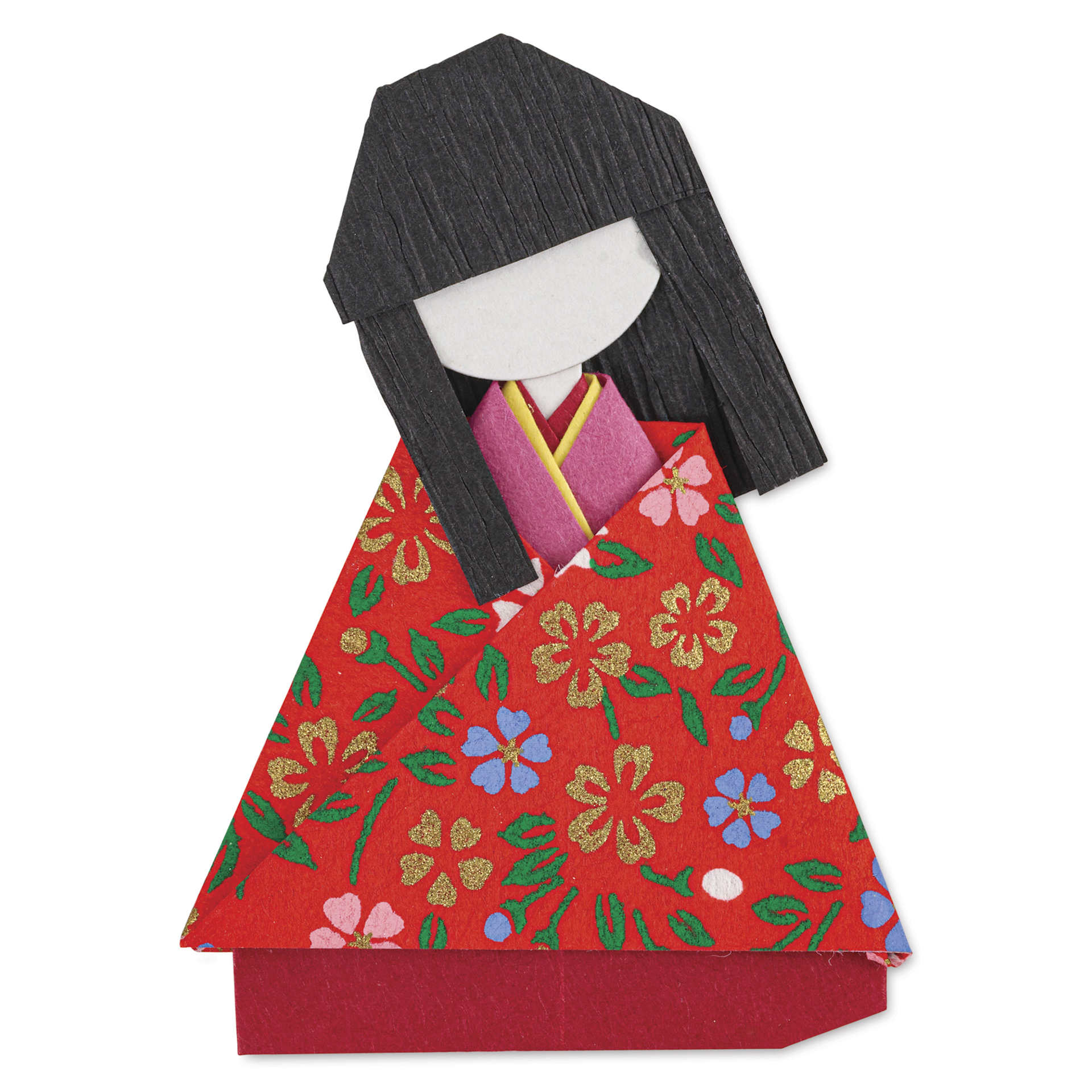 Aitoh Kimono Paper Doll Origami Kit - Set of 49, red kimono with arms down