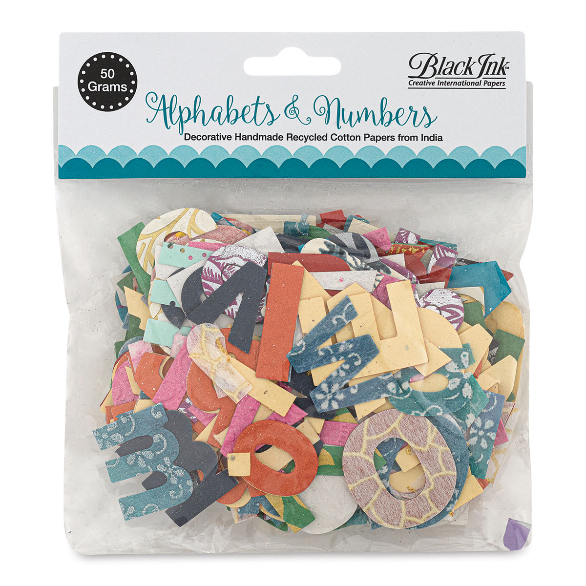 Black Ink Decorative Paper Alphabets and Numbers Pack - 50 grams (Front of packaging)
