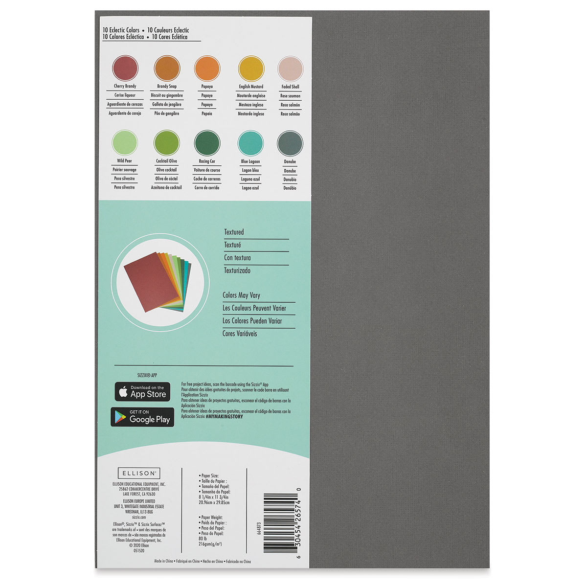 Sizzix Surfacez Cardstock - Eclectic Colors, Package of 60 Sheets, 8-1/4"W x 11-3/4"L, 216 gsm (Back of packaging)