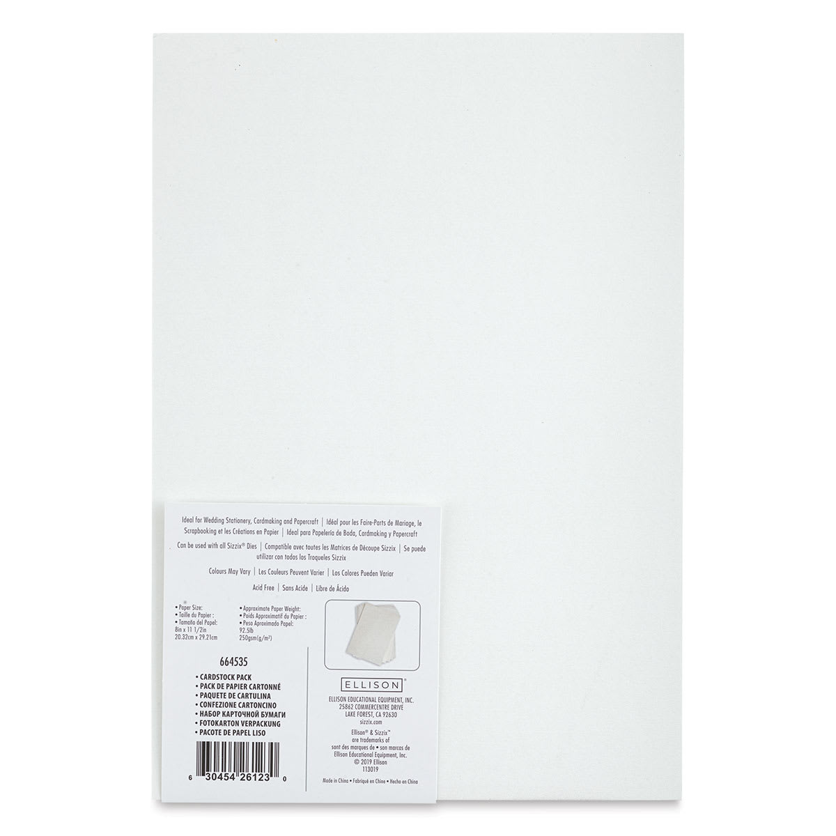 Sizzix Surfacez Opulent Cardstock - Ivory, Package of 50 Sheets, 8"W x 11-1/2"L, 250 gsm (Back of packaging)