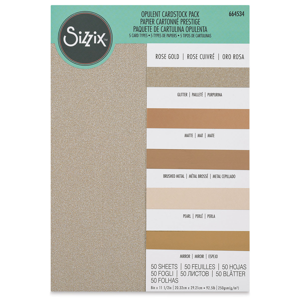 Sizzix Surfacez Opulent Cardstock - Rose Gold, Package of 50 Sheets, 8"W x 11-1/2"L, 250 gsm (Front of packaging)