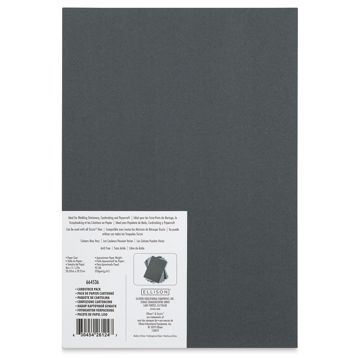 Sizzix Surfacez Opulent Cardstock - Charcoal, Package of 50 Sheets, 8"W x 11-1/2"L, 250 gsm (Back of packaging)