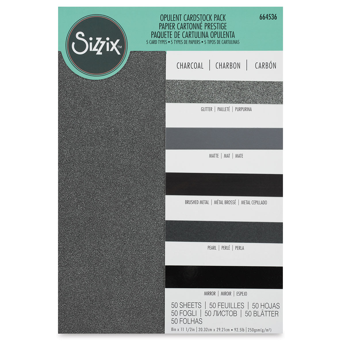 Sizzix Surfacez Opulent Cardstock - Charcoal, Package of 50 Sheets, 8"W x 11-1/2"L, 250 gsm (Front of packaging)