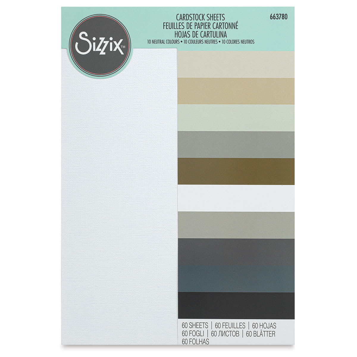 Sizzix Surfacez Cardstock - Neutral Colors, Package of 60 Sheets, 8-1/4"W x 11-3/4"L, 216 gsm (Front of packaging)