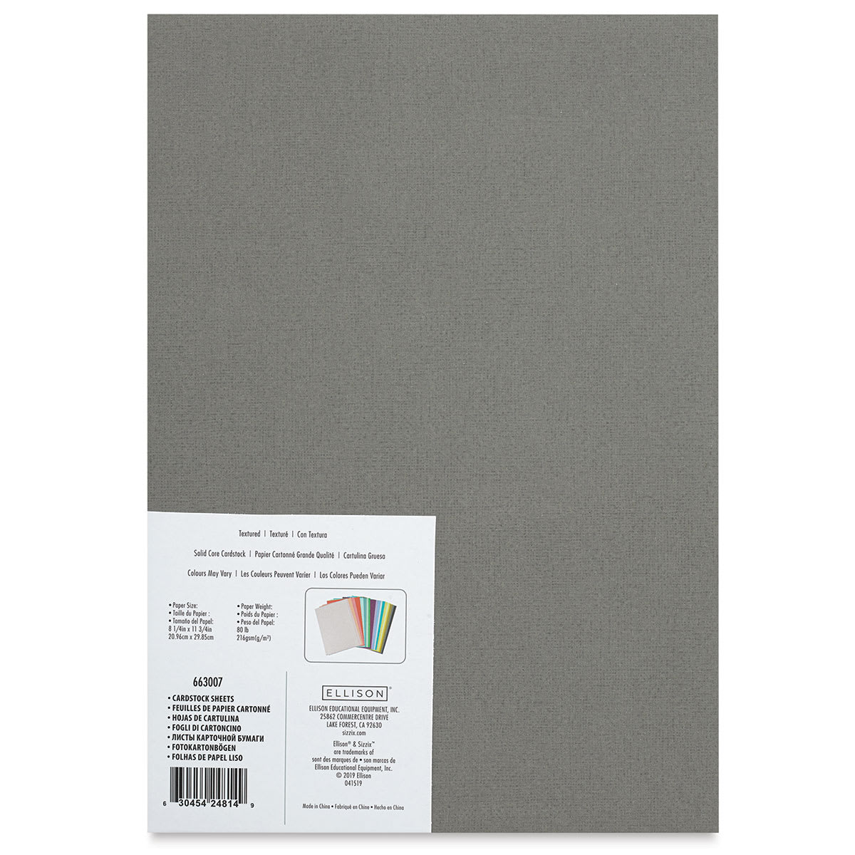 Sizzix Surfacez Cardstock - Assorted Colors, Package of 80 Sheets, 8-1/4"W x 11-3/4"L, 216 gsm (Back of packaging)