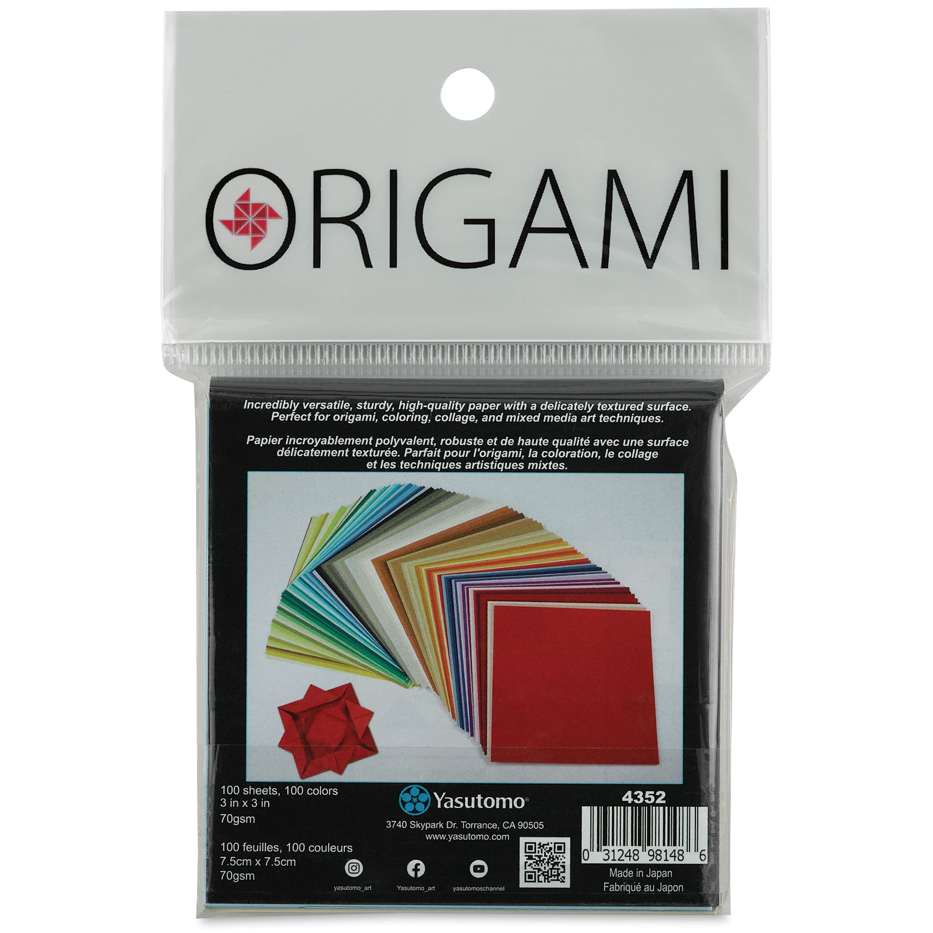 Yasutomo Pure Origami Paper - 3" x 3" Sheets, Assorted Colors, Pkg of 100 (back of packaging)