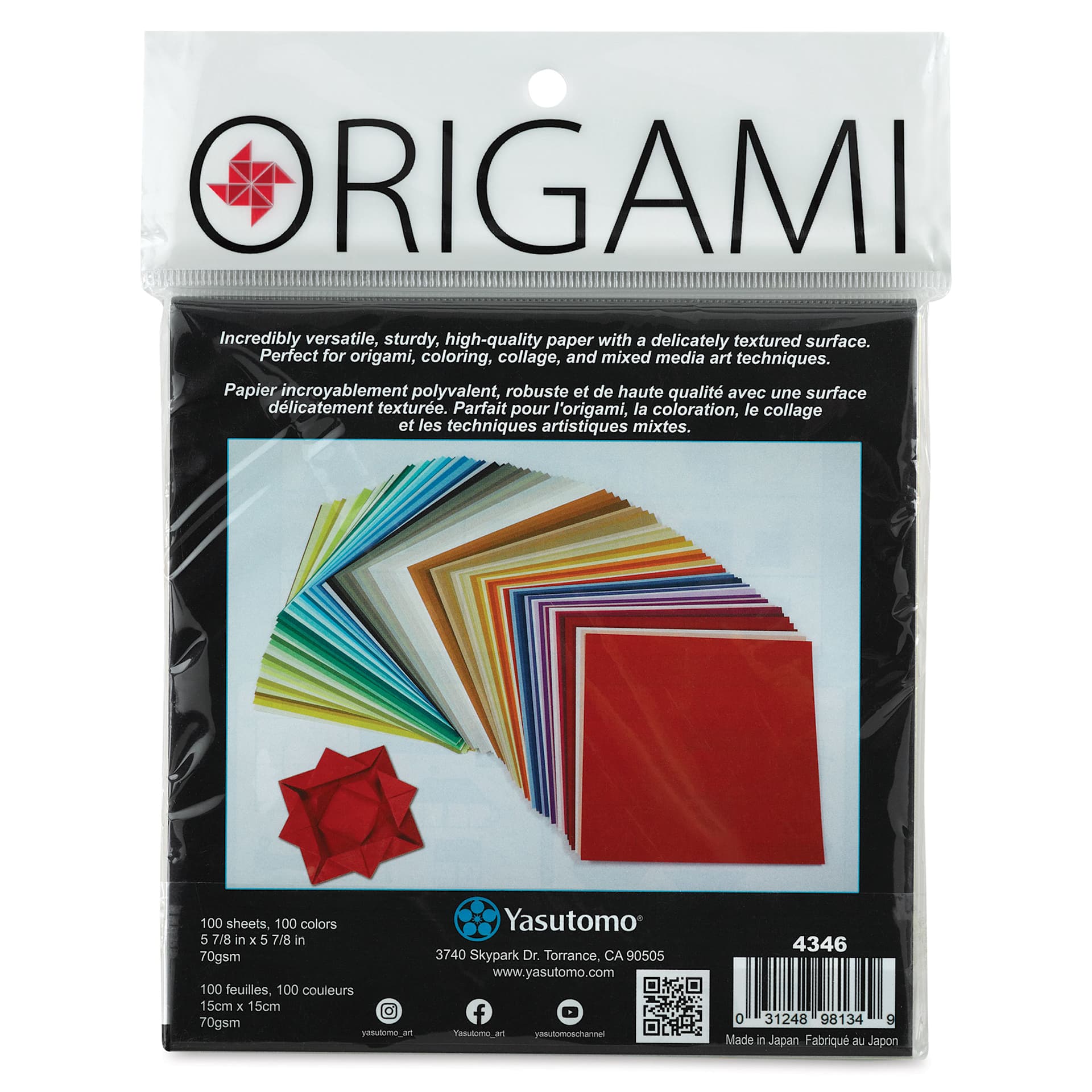 Yasutomo Pure Origami Paper - 5-7/8" x 5-7/8" Sheets, Pkg of 100 (back of packaging)