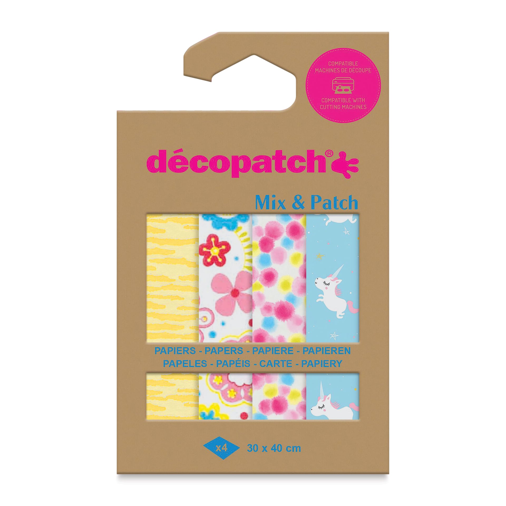 Decopatch Mix & Patch Paper Assortment - Set of 4, Enchanted Unicorns, 30 cm x 40 cm front of packaging