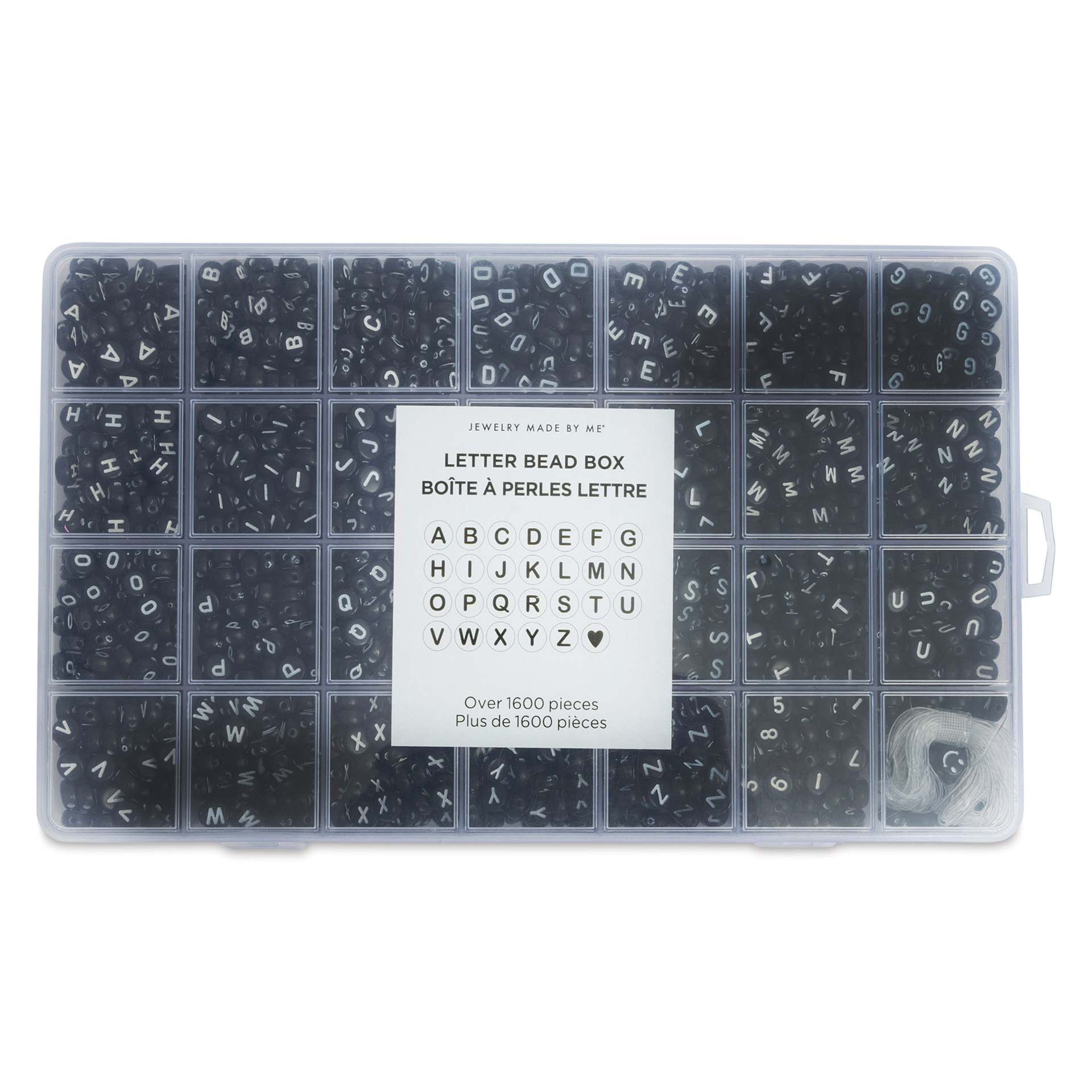 Jewelry Made By Me Letter Bead Box - Pkg of 1,600, Black Beads, White Letters with closed lid