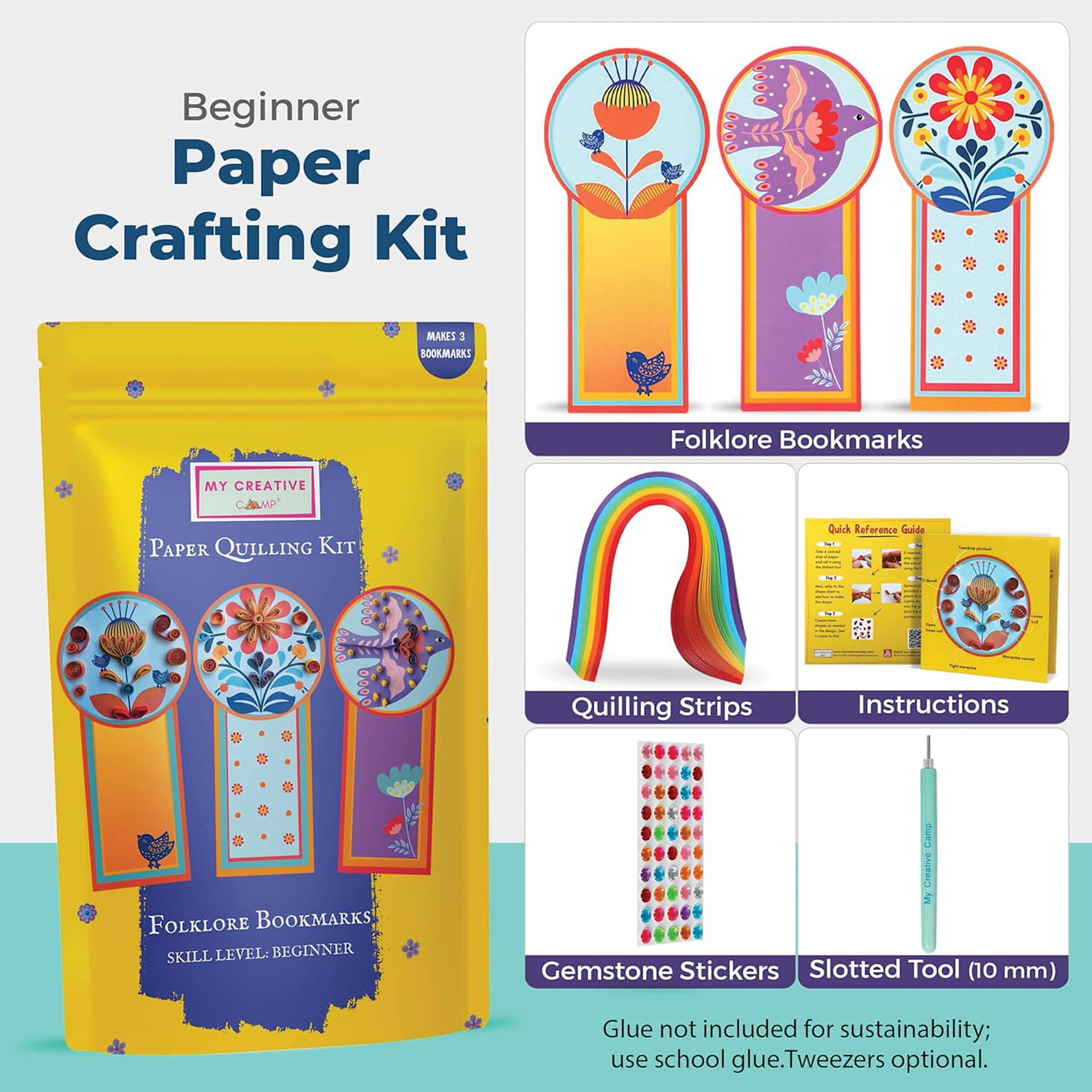 Beginner Paper Crafting Kit: Folklore Bookmarks, Quilling Strips, Instructions, Gemstone Stickers, Slotted Tool (10 mm), Glue not included for sustainability; Use school glue