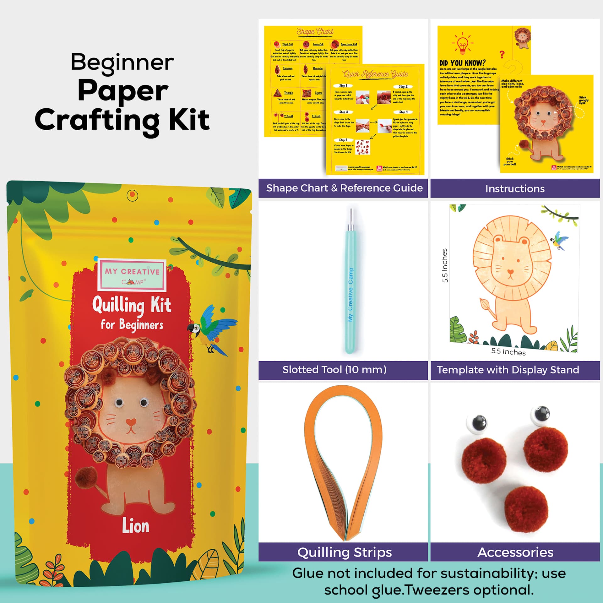 My Creative Camp Beginner Quilling Craft Kit - Lion contents