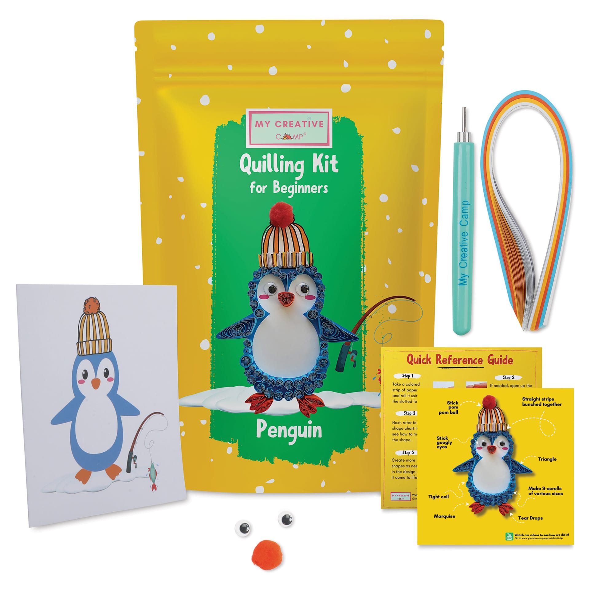 My Creative Camp Beginner Quilling Craft Kit - Penguin packaging with contents