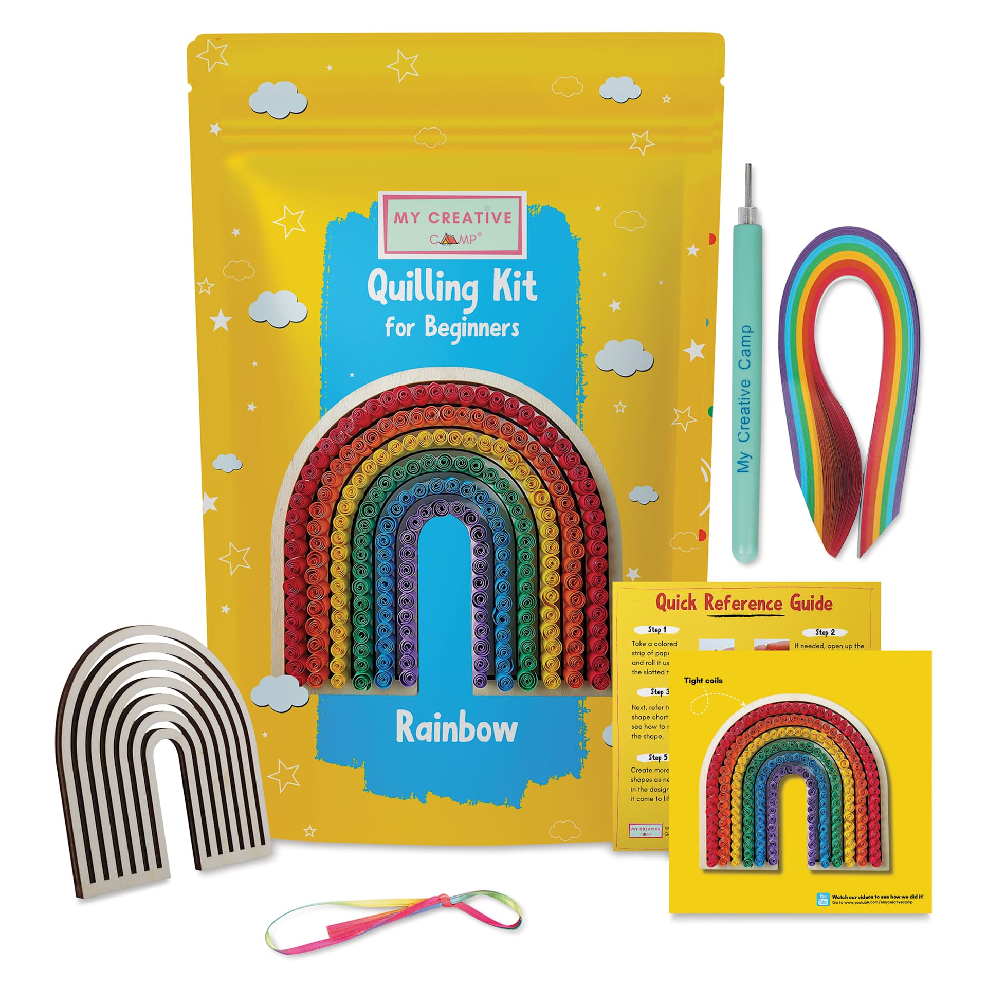 My Creative Camp Beginner Quilling Craft Kit - Rainbow packaging with contents