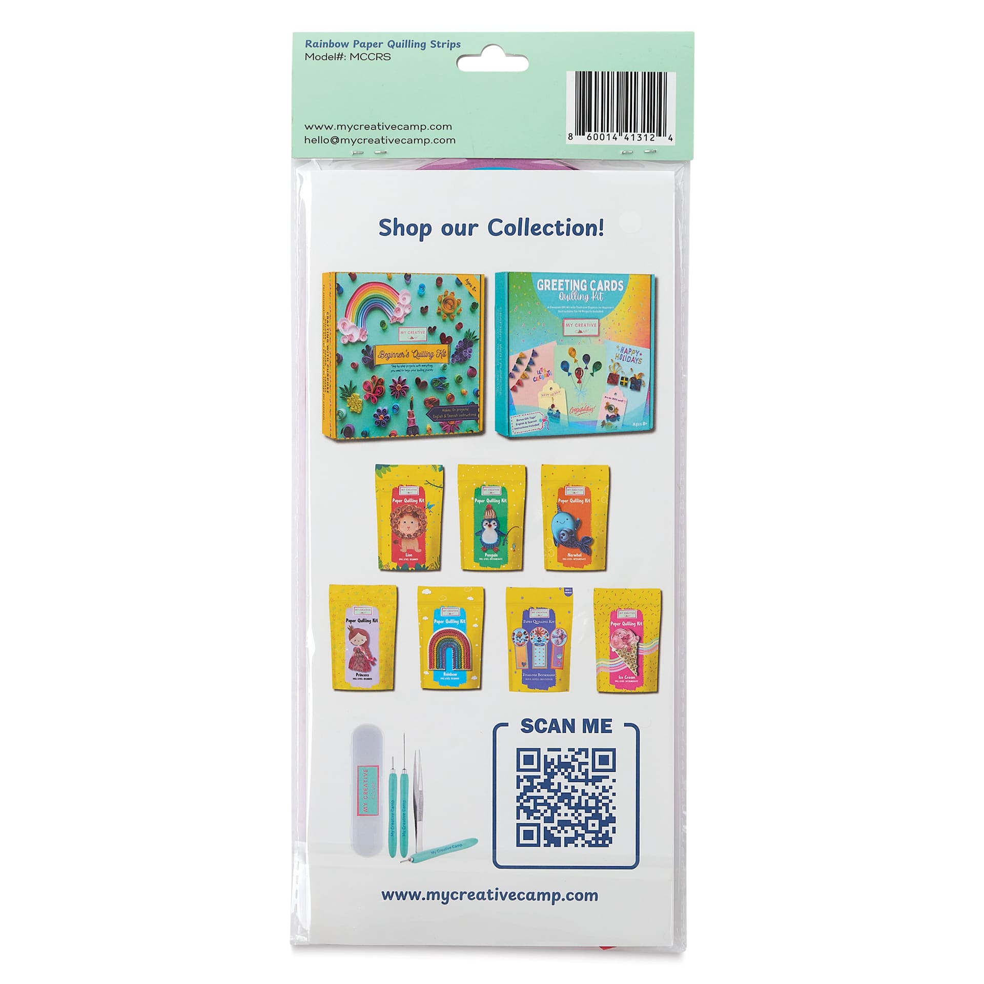 My Creative Camp Paper Quilling Strips - Pkg of 240. Set of 6 colors, Rainbow, 45 cm x 5 mm back of packaging