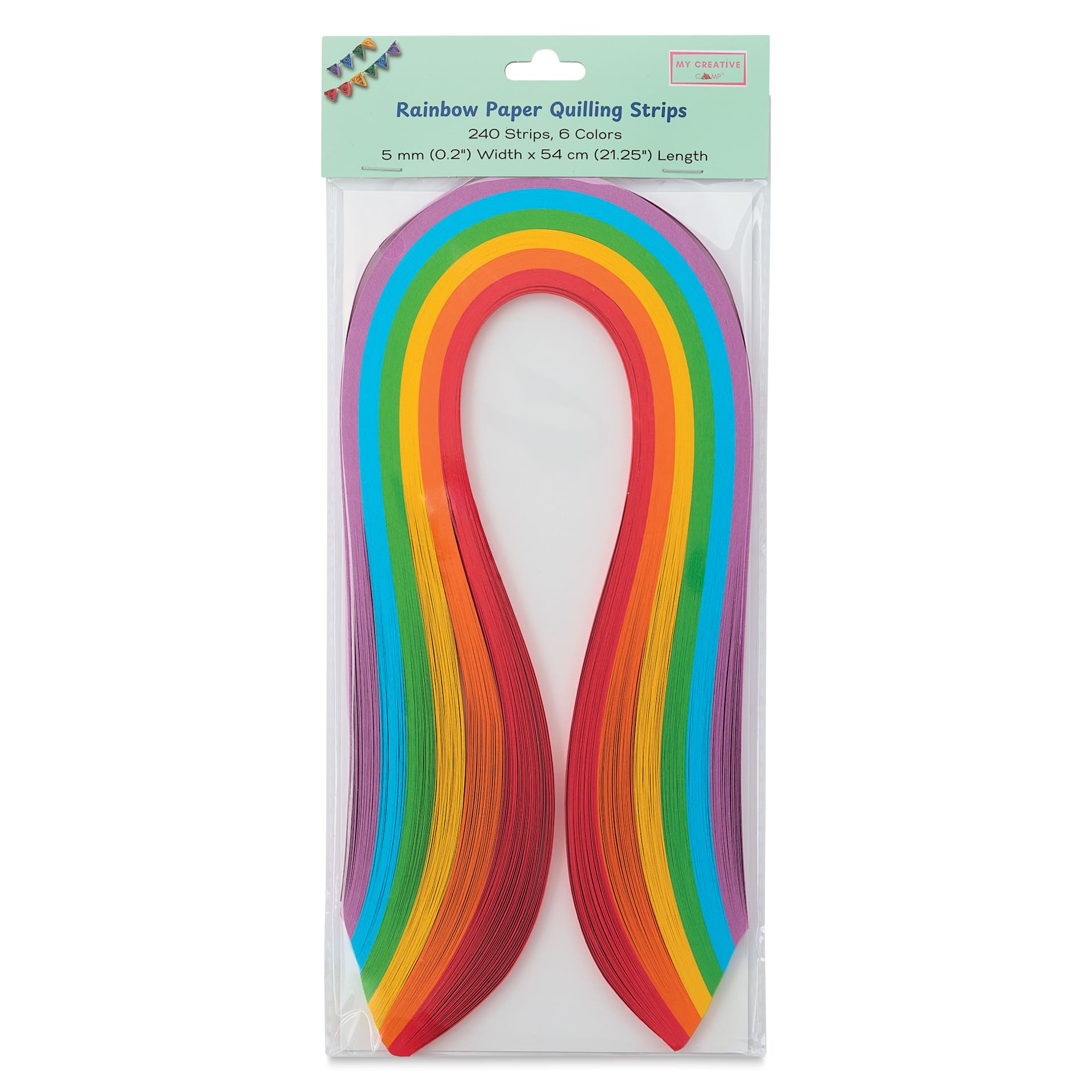My Creative Camp Paper Quilling Strips - Pkg of 240. Set of 6 colors, Rainbow, 45 cm x 5 mm front of packaging