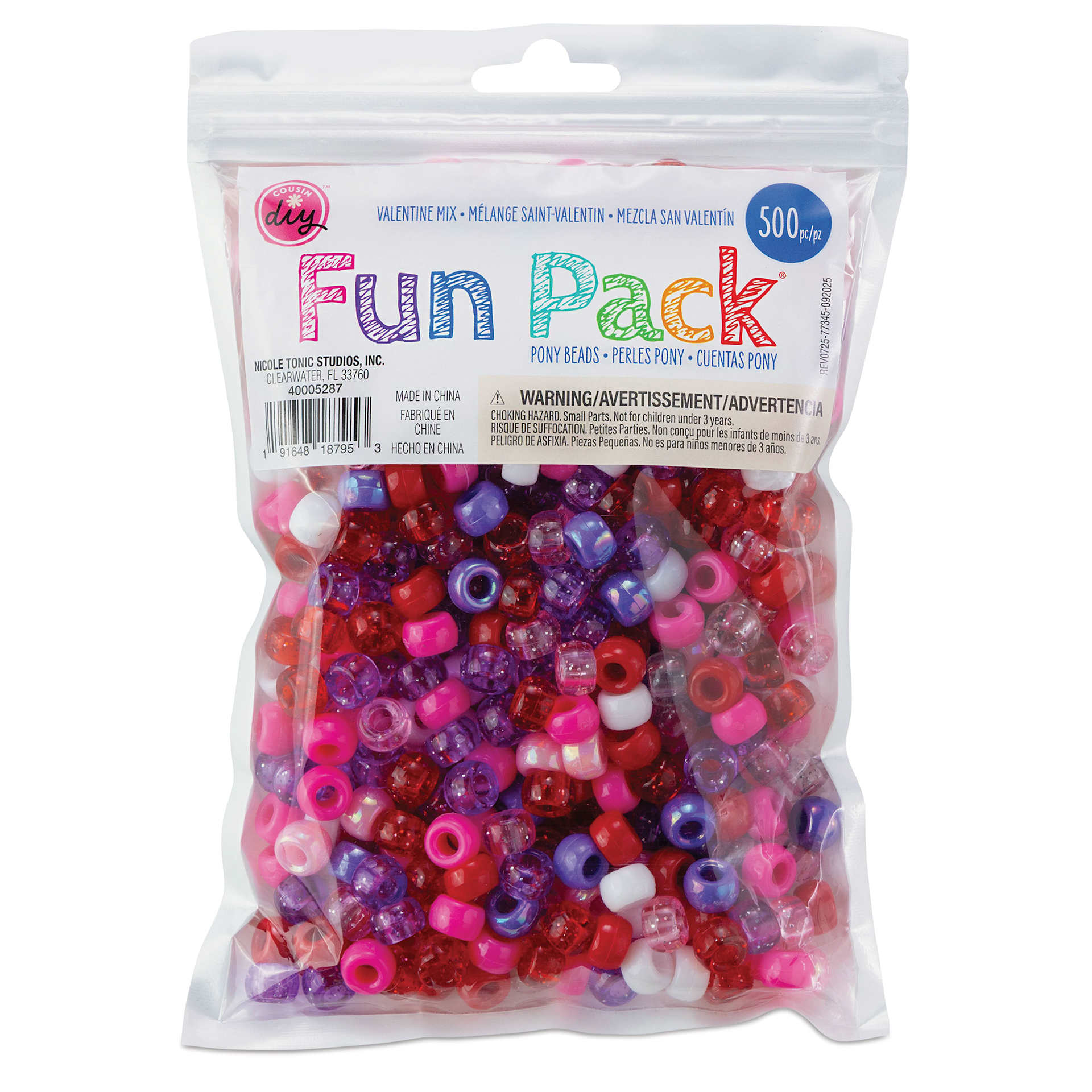 Cousin DIY Fun Pack Pony Beads - Pkg of 500, Valentine Mix, 6 mm x 9 mm front of packaging