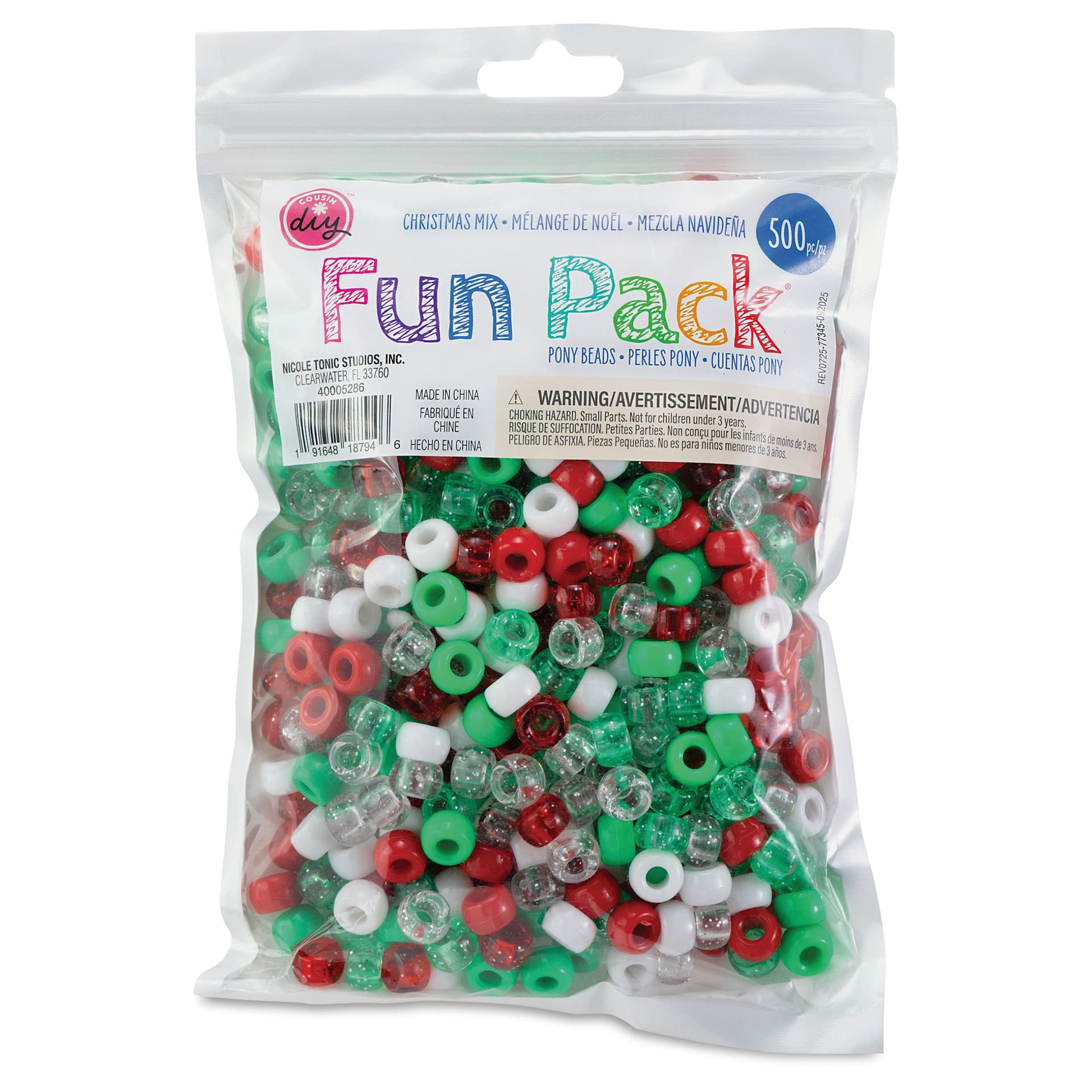 Cousin DIY Fun Pack Pony Beads - Pkg of 500, Christmas Mix, 6 mm x 9 mm front of packaging