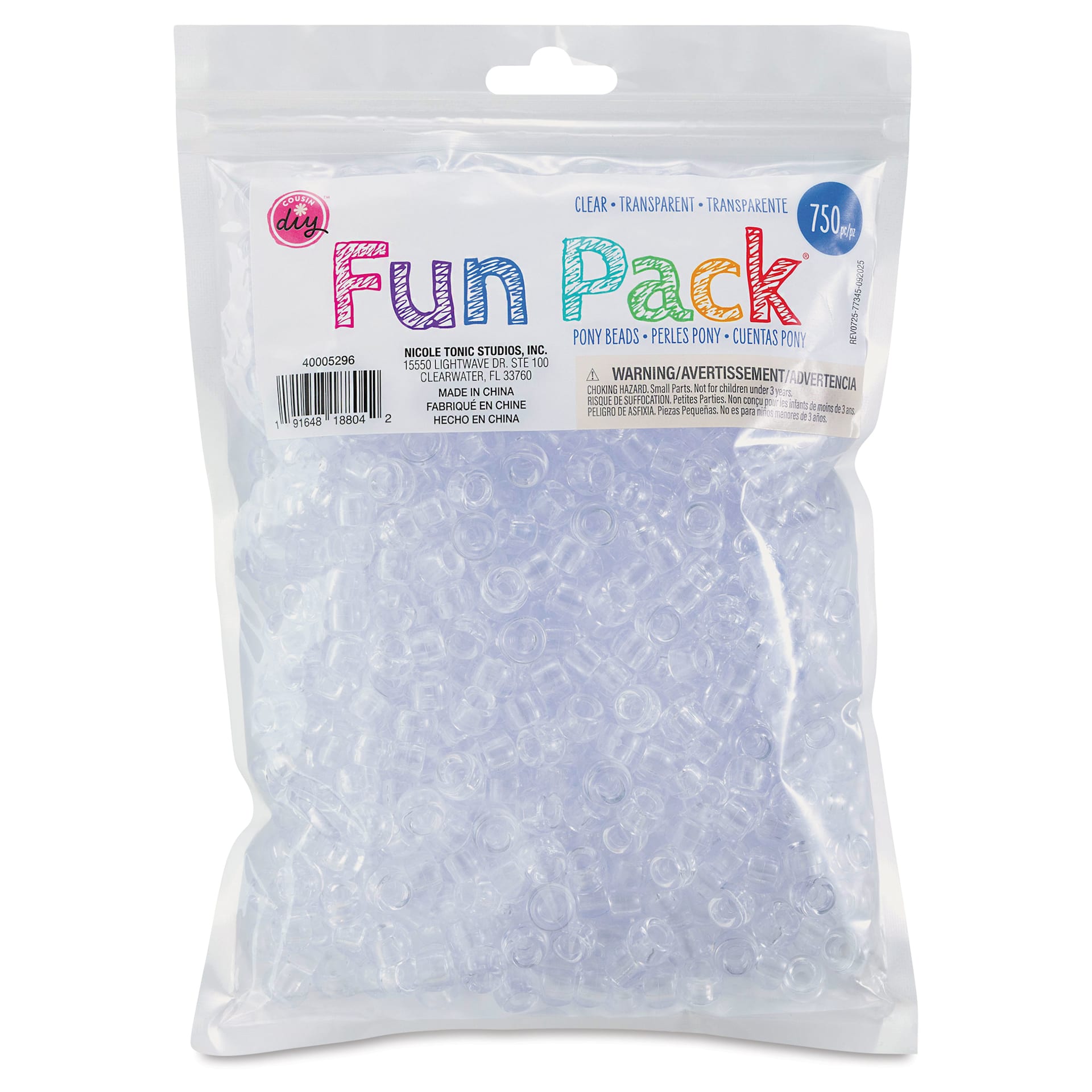 Cousin DIY Fun Pack Pony Beads - Pkg of 750, Clear, 6 mm x 9 mm front of packaging
