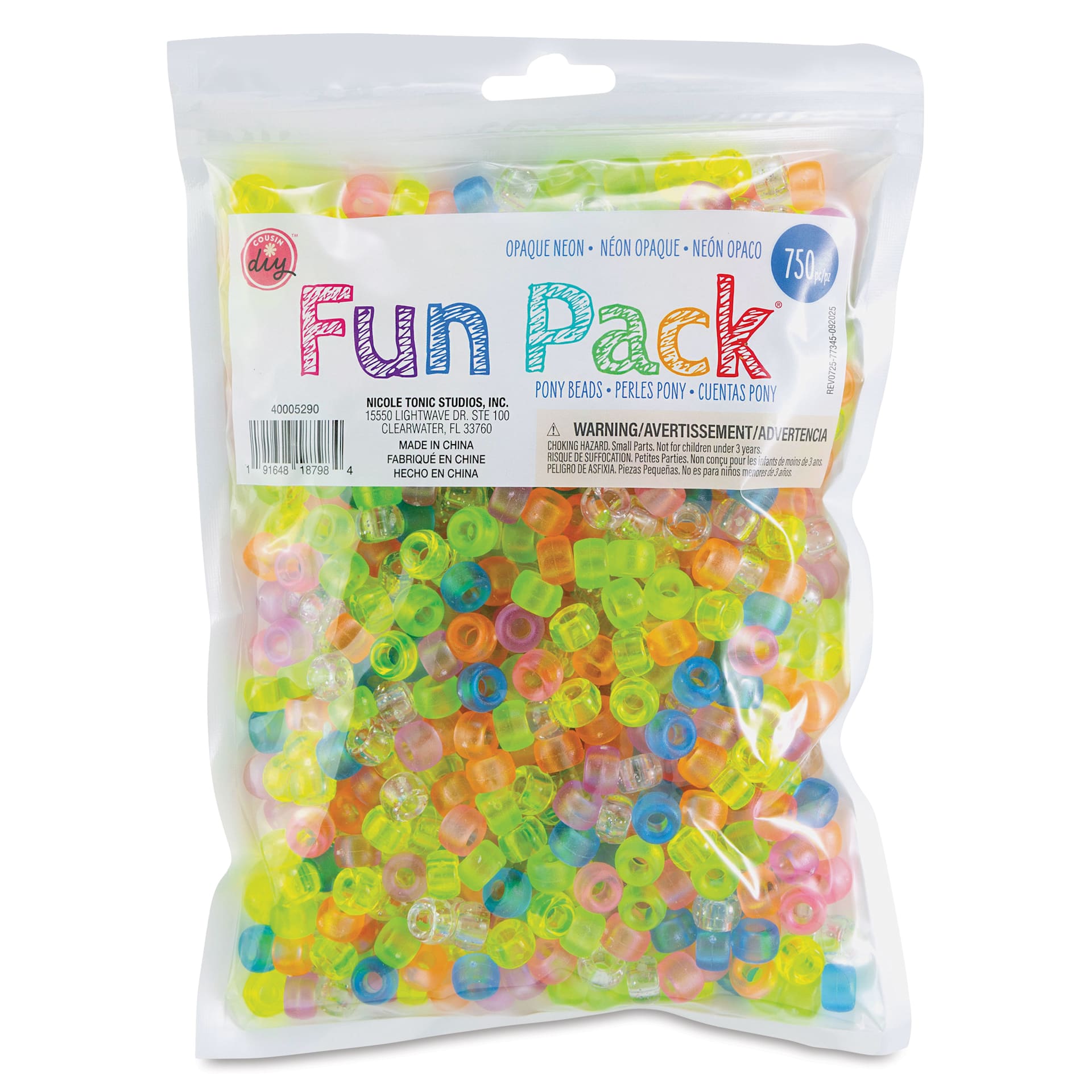 Cousin DIY Fun Pack Pony Beads - Pkg of 750, Neon, 6 mm x 9 mm front of packaging