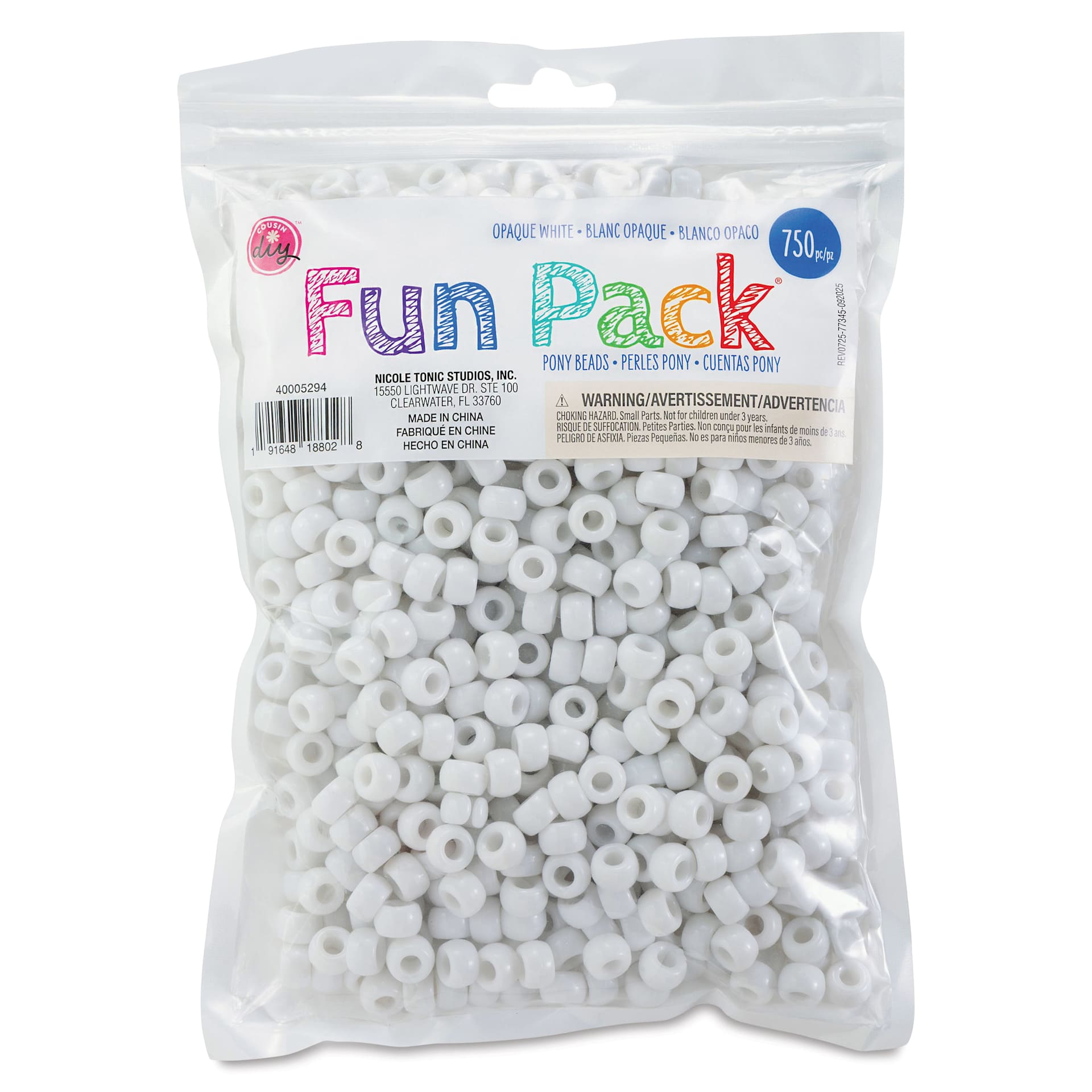 Cousin DIY Fun Pack Pony Beads - Pkg of 750, White, 6 mm x 9 mm front of packaging