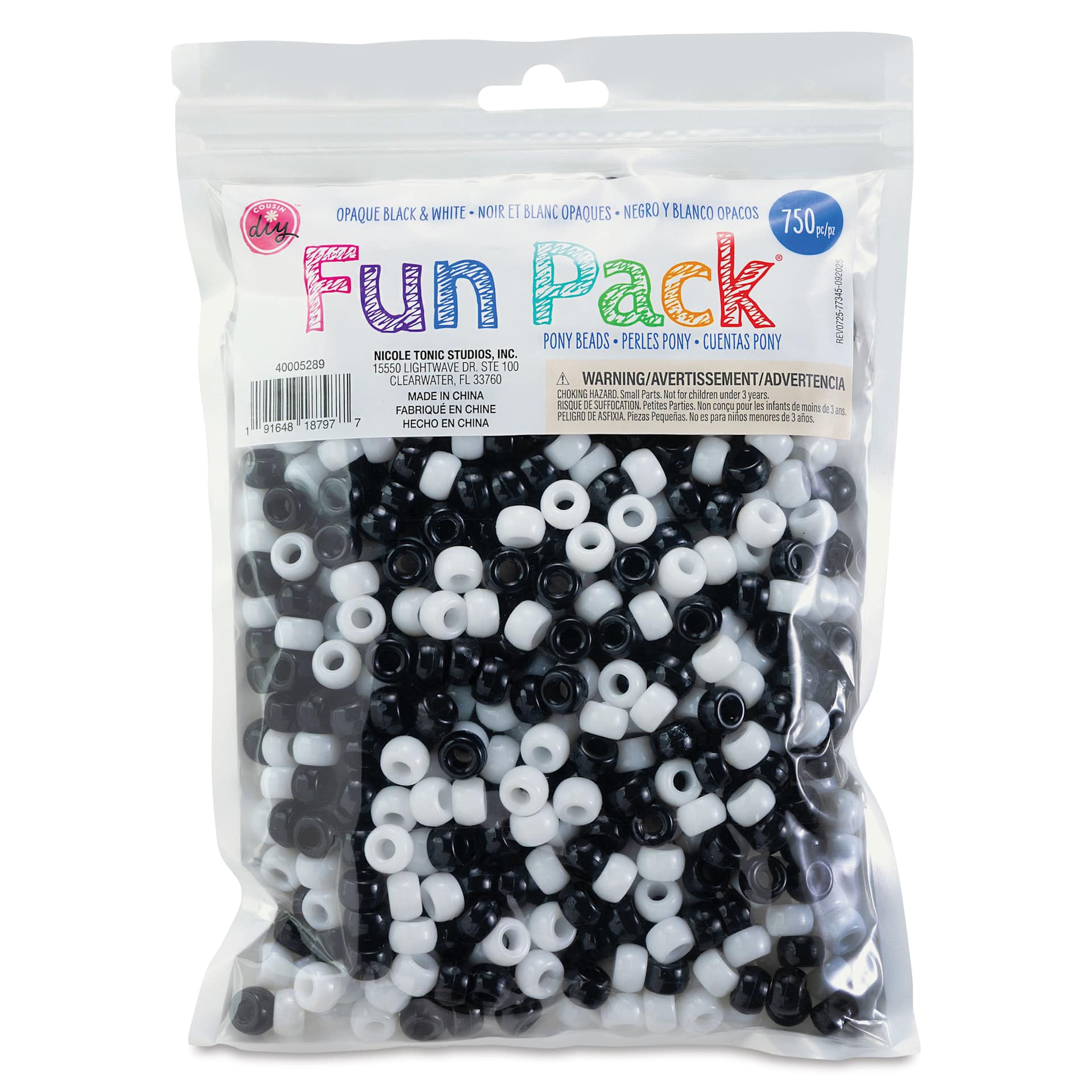 Cousin DIY Fun Pack Pony Beads - Pkg of 750, Black and White, 6 mm x 9 mm front of packaging