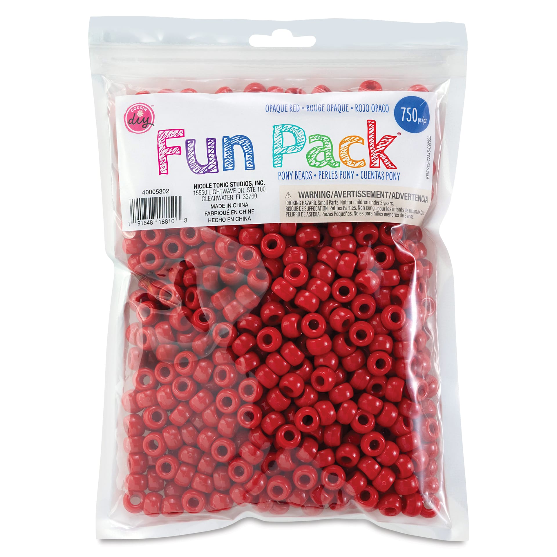 Cousin DIY Fun Pack Pony Beads - Pkg of 750, Red, 6 mm x 9 mm front of packaging