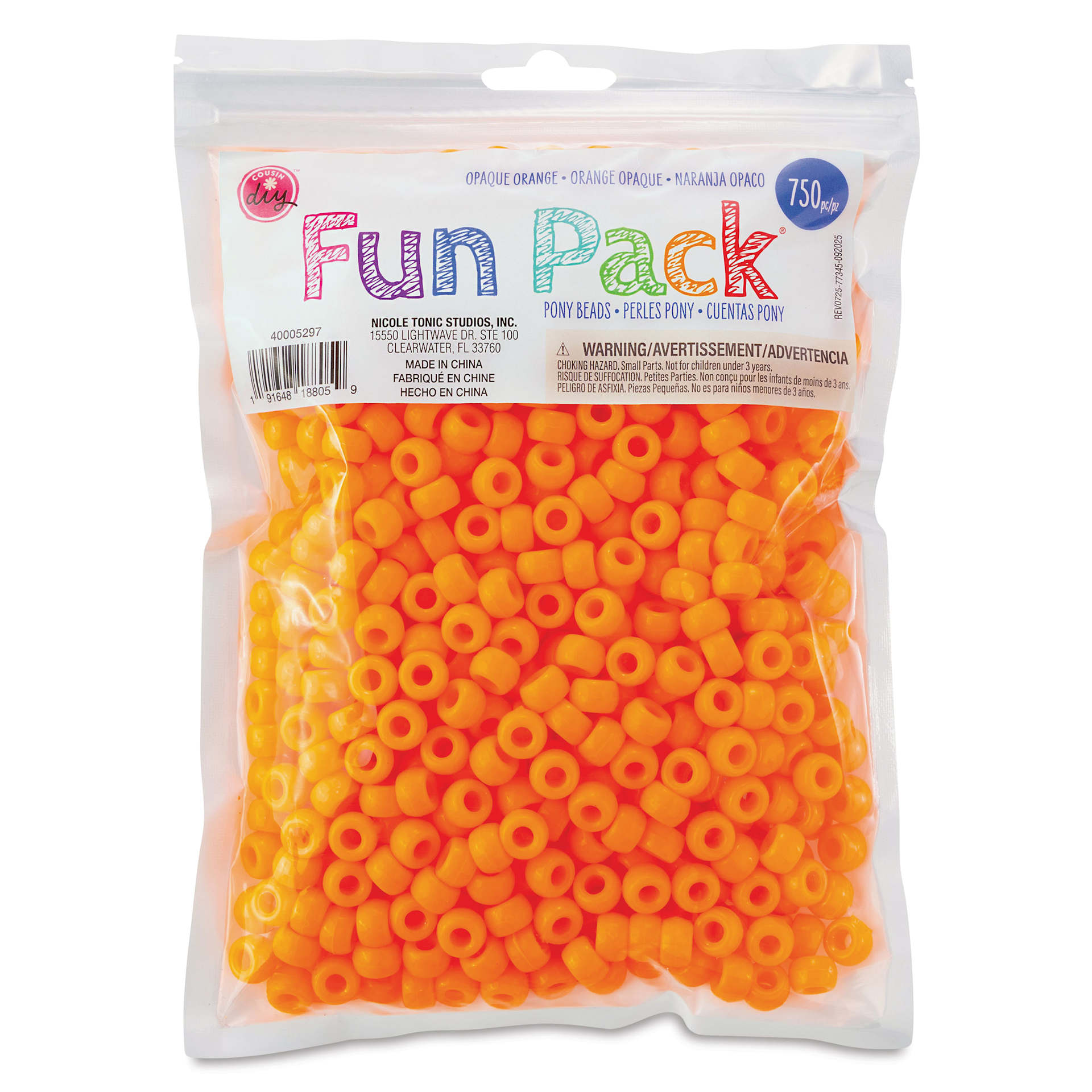 Cousin DIY Fun Pack Pony Beads - Pkg of 750, Orange, 6 mm x 9 mm front of packaging