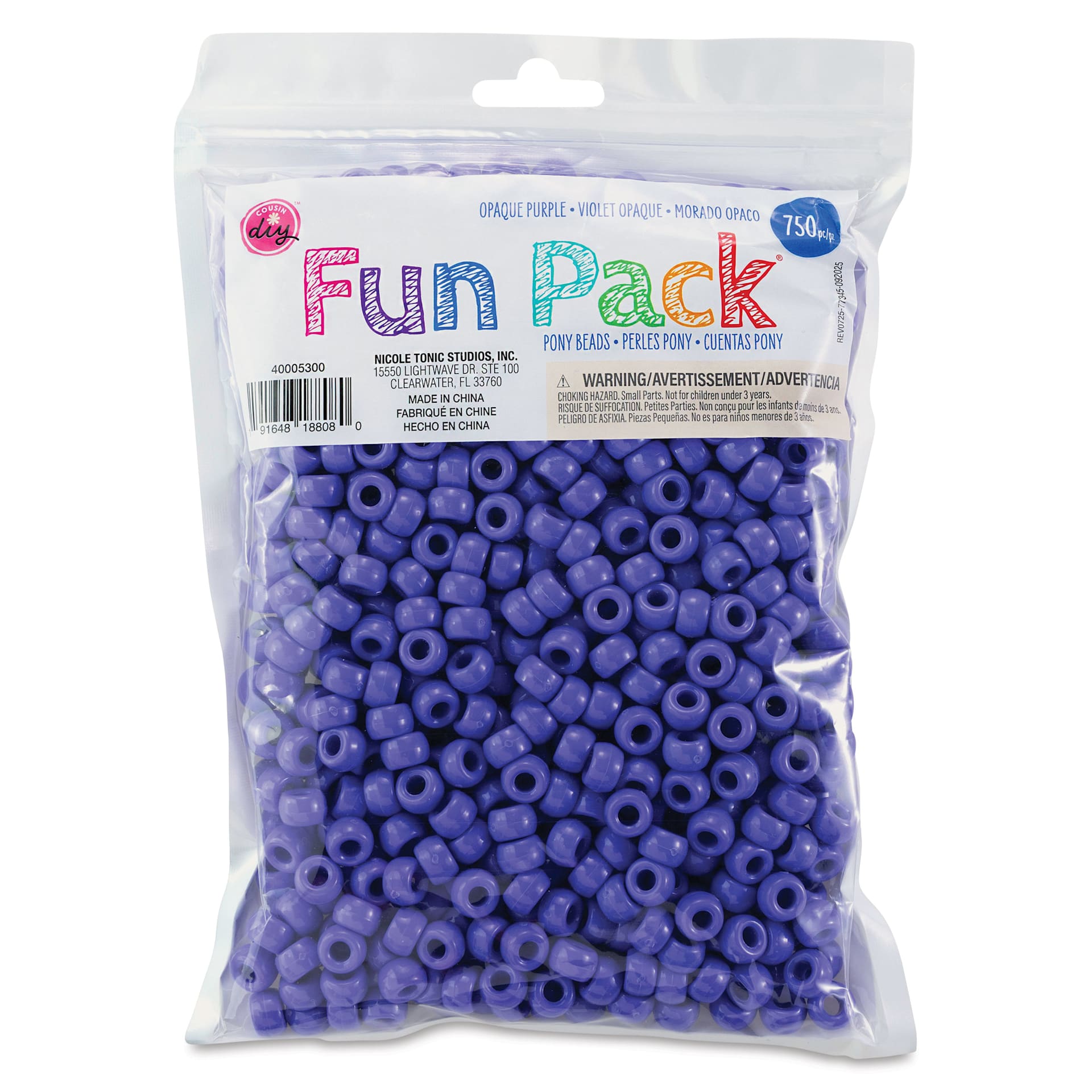 Cousin DIY Fun Pack Pony Beads - Pkg of 750, Purple, 6 mm x 9 mm front of packaging