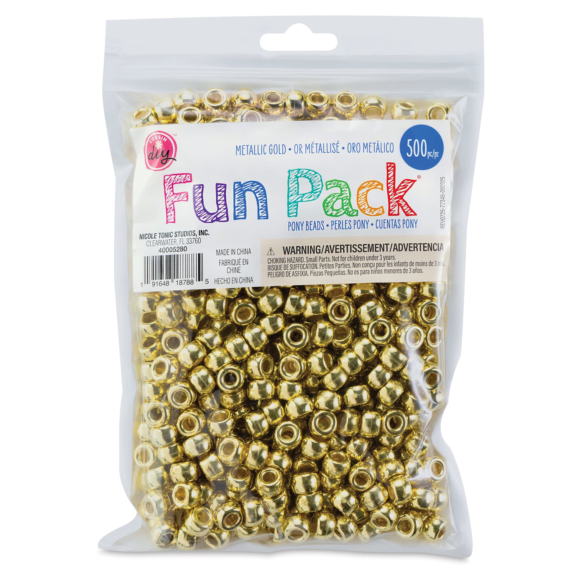 Cousin DIY Fun Pack Pony Beads - Pkg of 500, Metallic Gold, 6 mm x 9 mm front of packaging
