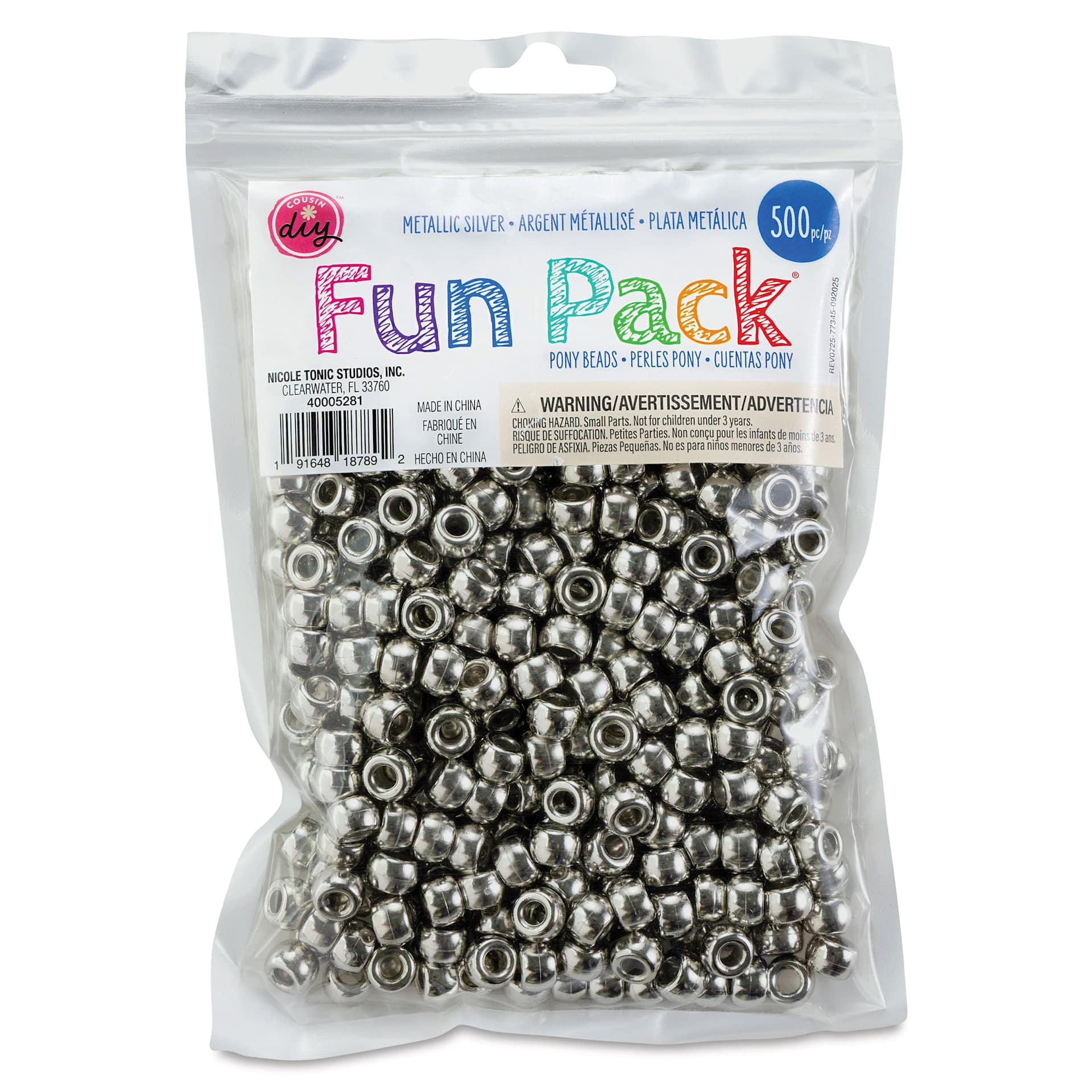 Cousin DIY Fun Pack Pony Beads - Pkg of 500, Metallic Silver, 6 mm x 9 mm front of packaging