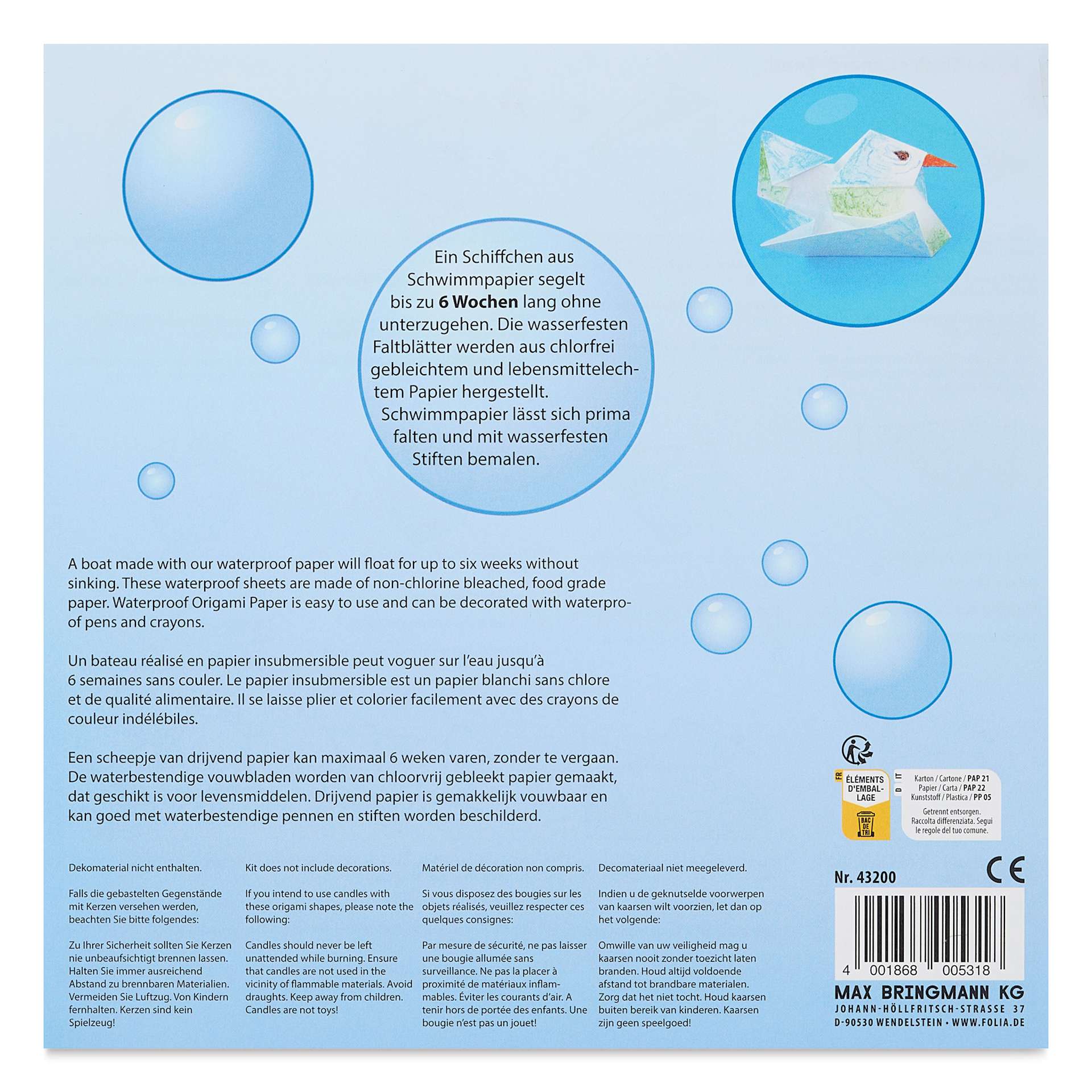 Folia Waterproof Origami Sheets - Pkg of 20, 20 cm x 20 cm back of packaging