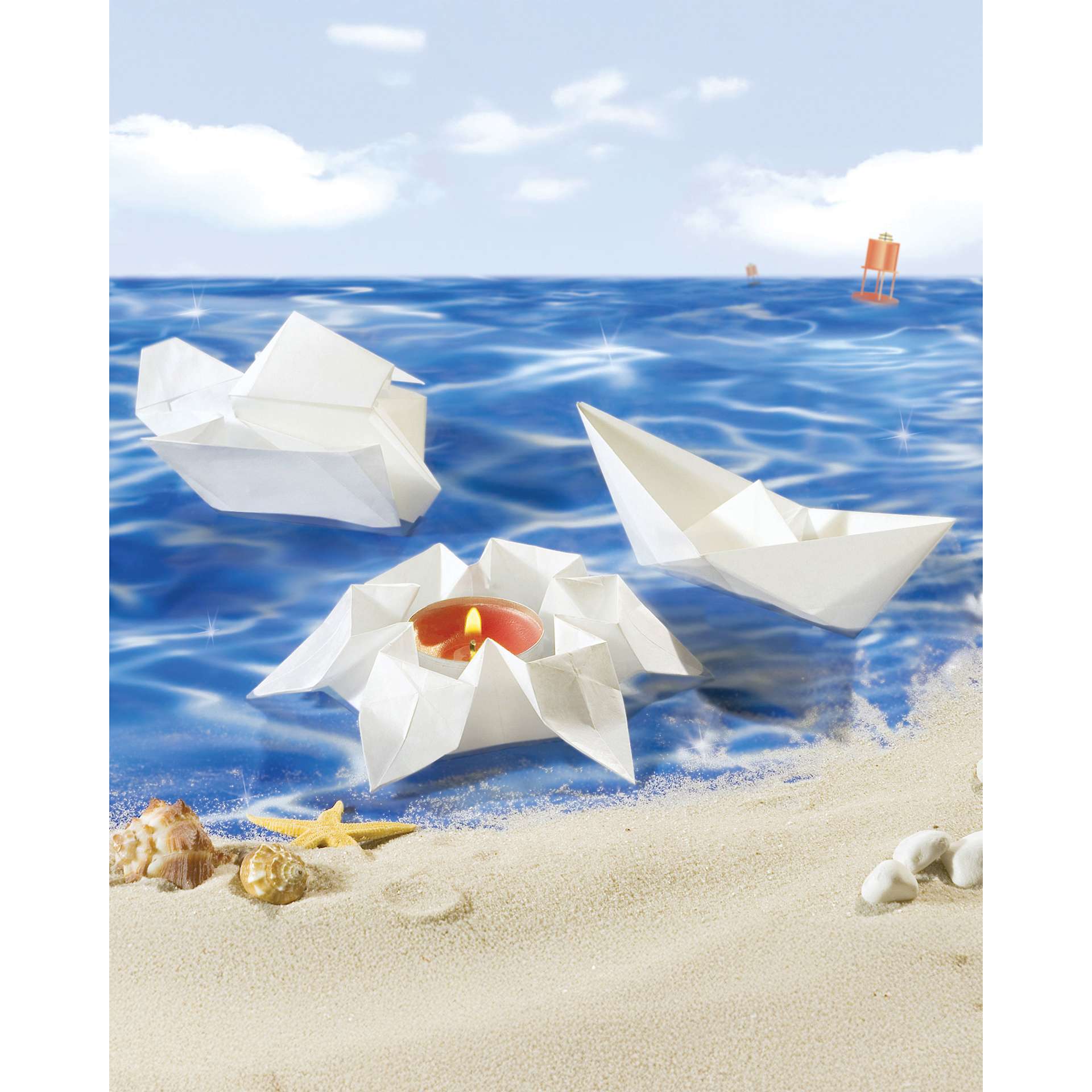 Folia Waterproof Origami Sheets - Pkg of 20, 20 cm x 20 cm showing three completed project examples