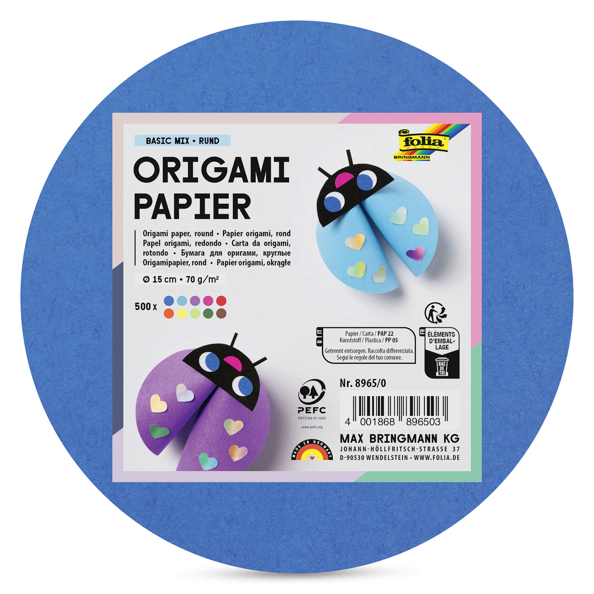 Folia Round Origami Paper - Pkg of 500, 10 Assorted Colors, 15 cm Dia front of packaging