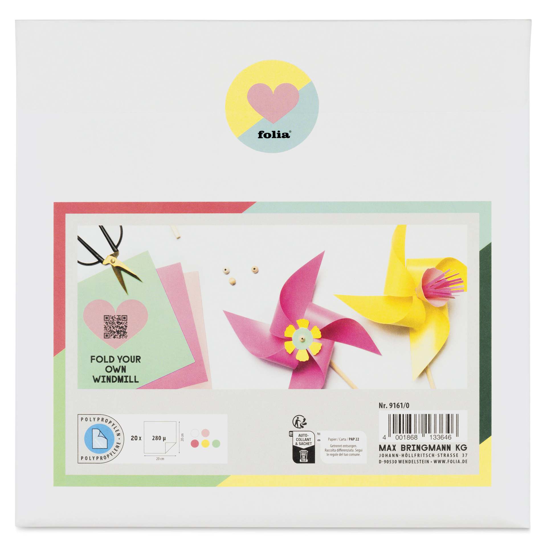 Folia Plastic Origami Folding Sheets - Pkg of 20, 5 Assorted Colors, 20 cm x 20 cm back of packaging