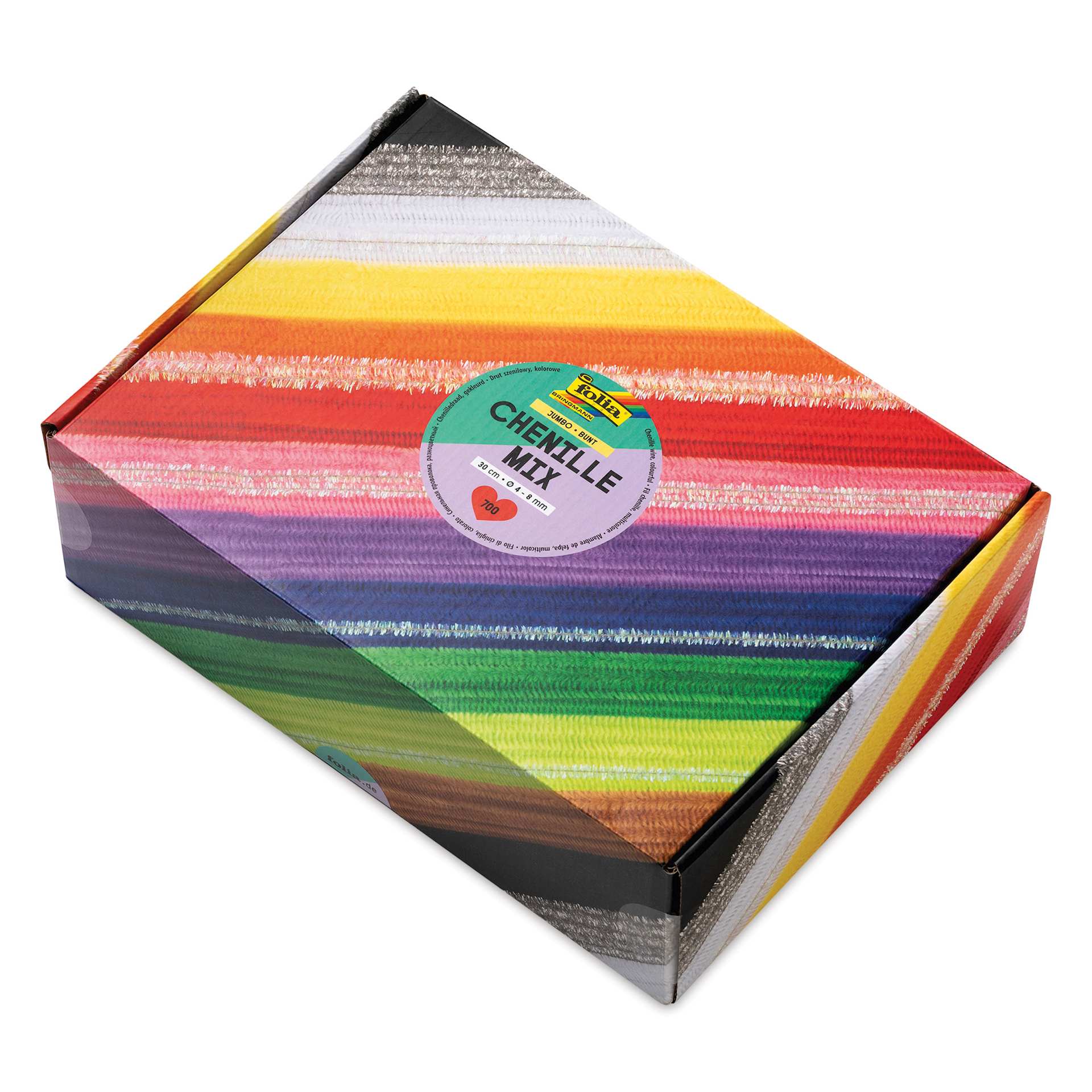Folia Jumbo Chenille Mix - Pkg of 700, 13 Assorted Colors, 30 cm angled view of packaging