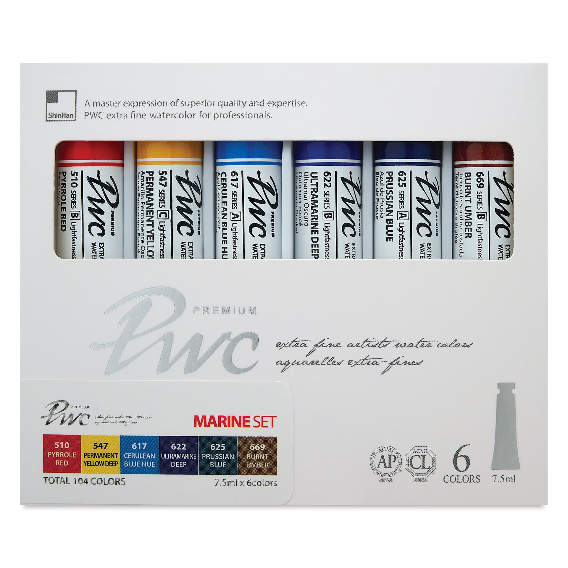 PWC Extra Fine Professional Watercolor - Set of 6, Marine Colors, 7.5 ml tubes, front of packaging