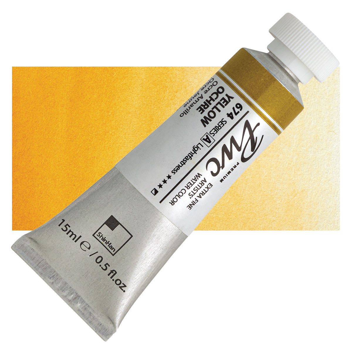 PWC Extra Fine Professional Watercolor - Yellow Ochre, 15 ml, Tube and swatch