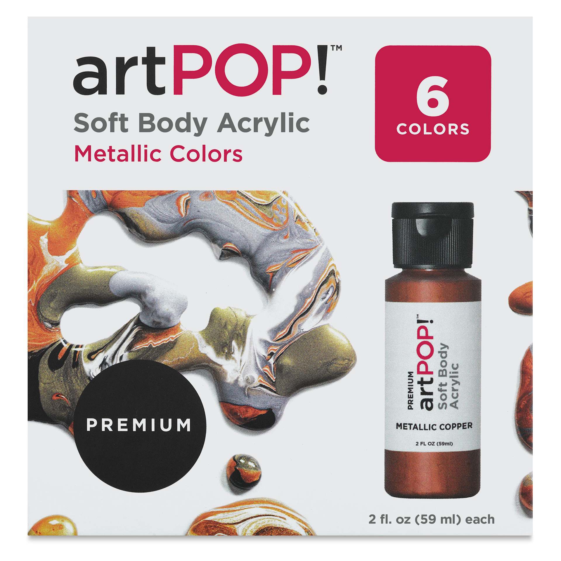 artPOP! Soft Body Acrylic Paint Sets - Set of 6, Metallic Colors, 2 oz bottles (Front of packaging)
