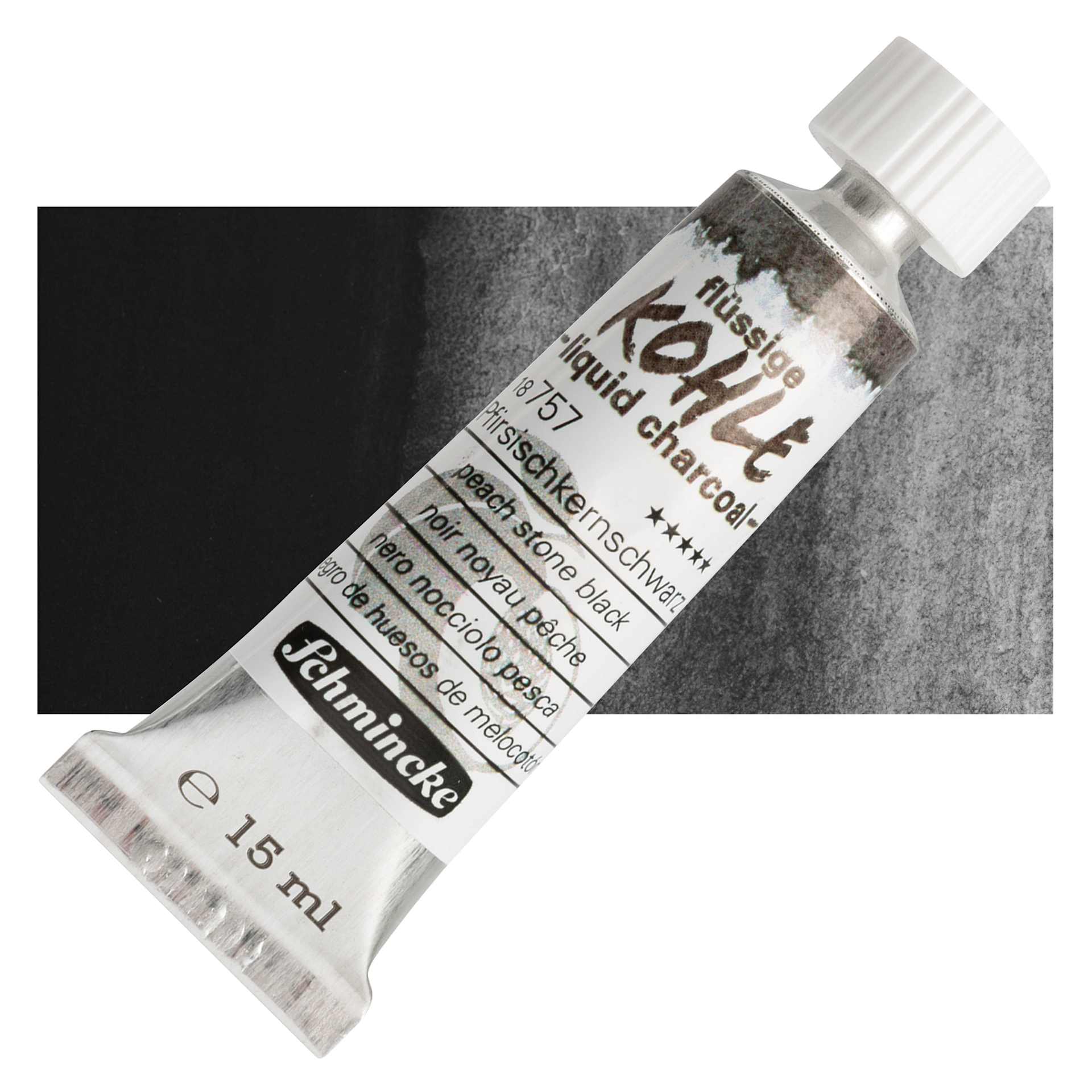 Schmincke Liquid Charcoal - Peach Stone Black, 15 ml Tube and swatch